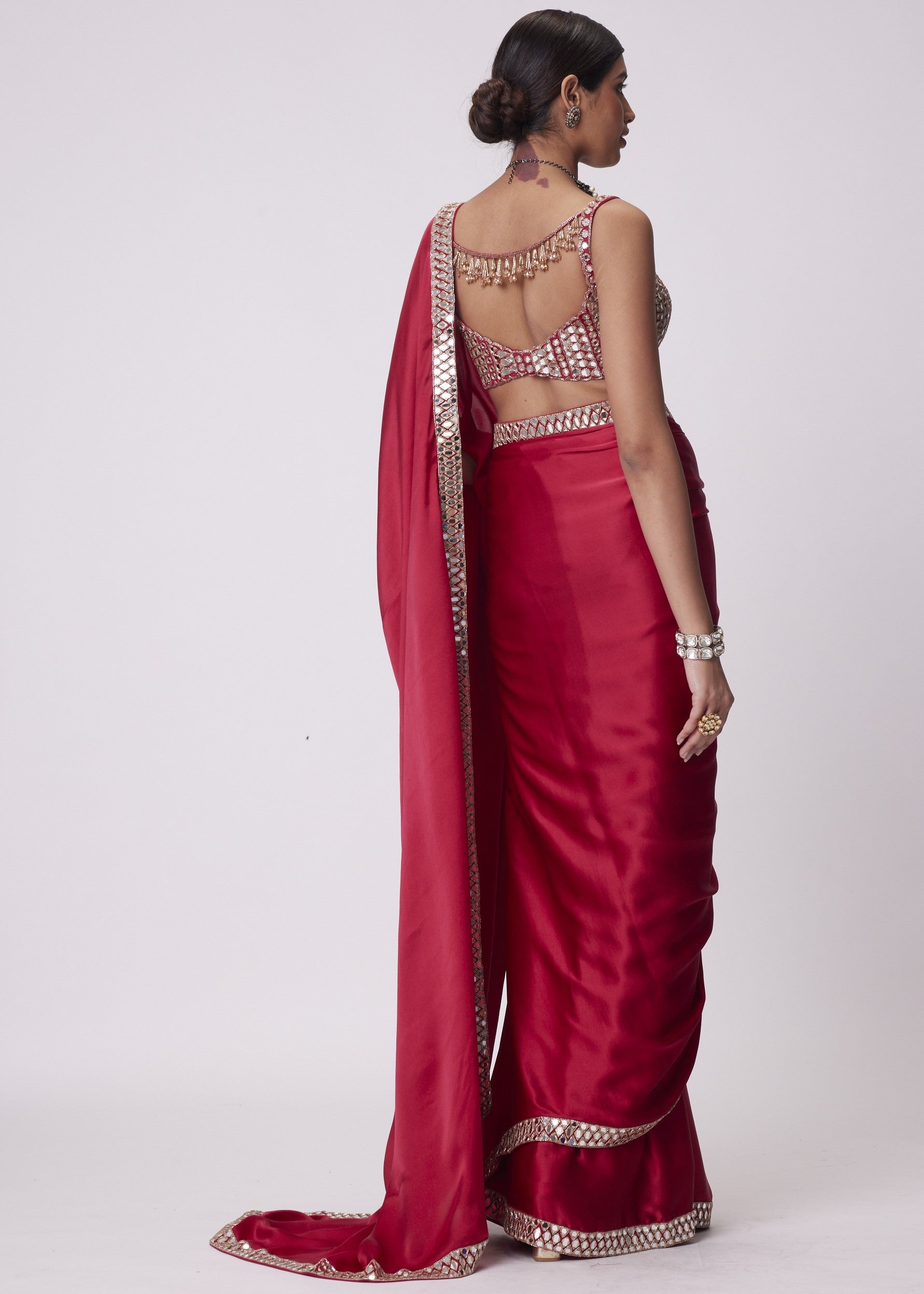Crimson Red Satin Sari Set