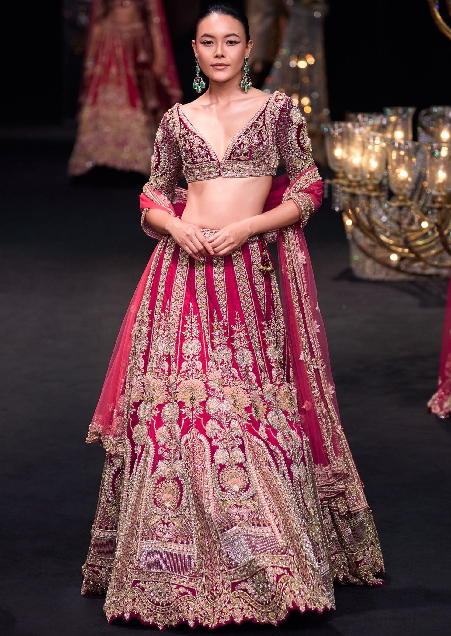 Red Velvet Raw Silk Lehenga with Pearl Blouse Set