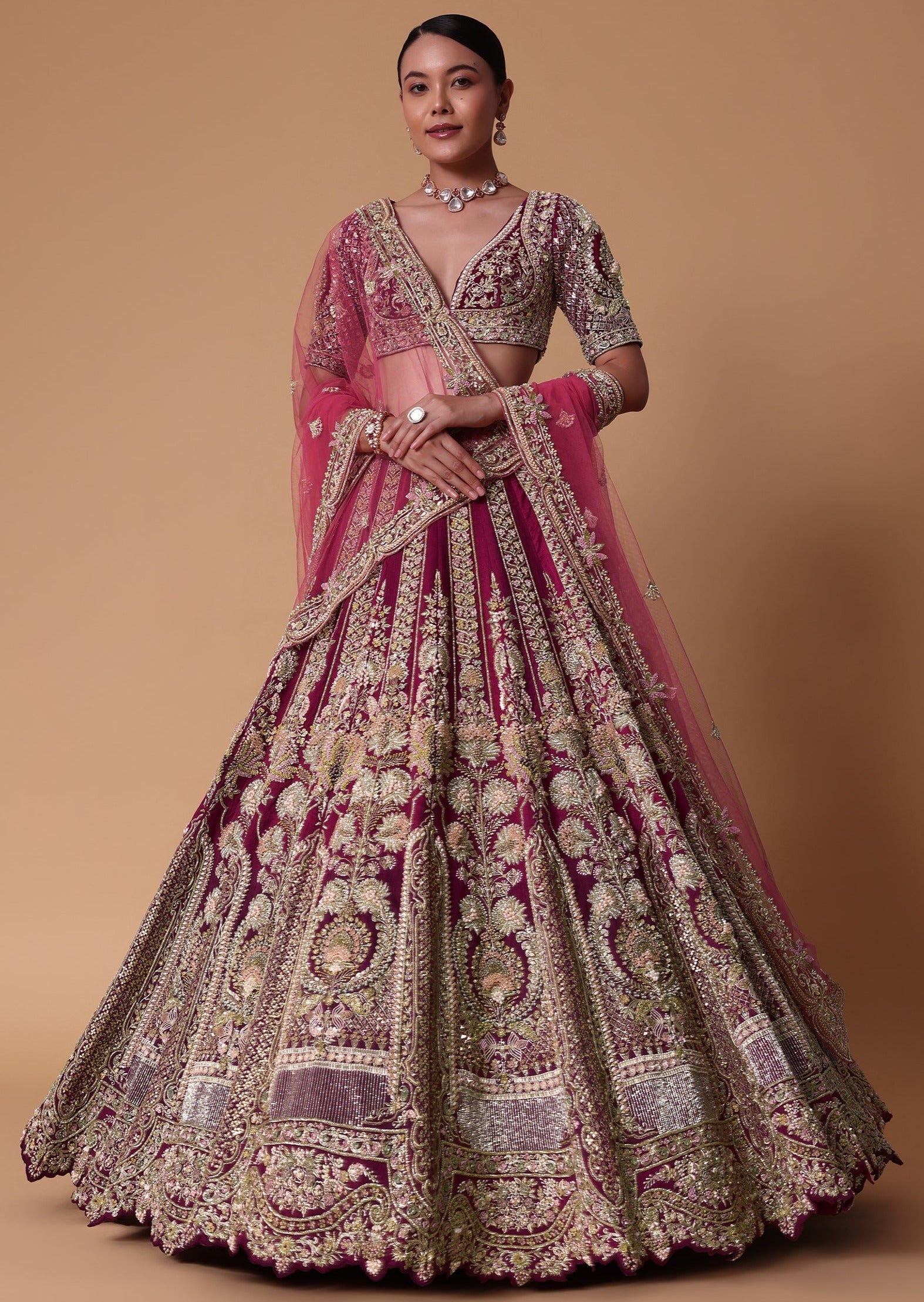 Red Velvet Raw Silk Lehenga with Pearl Blouse Set