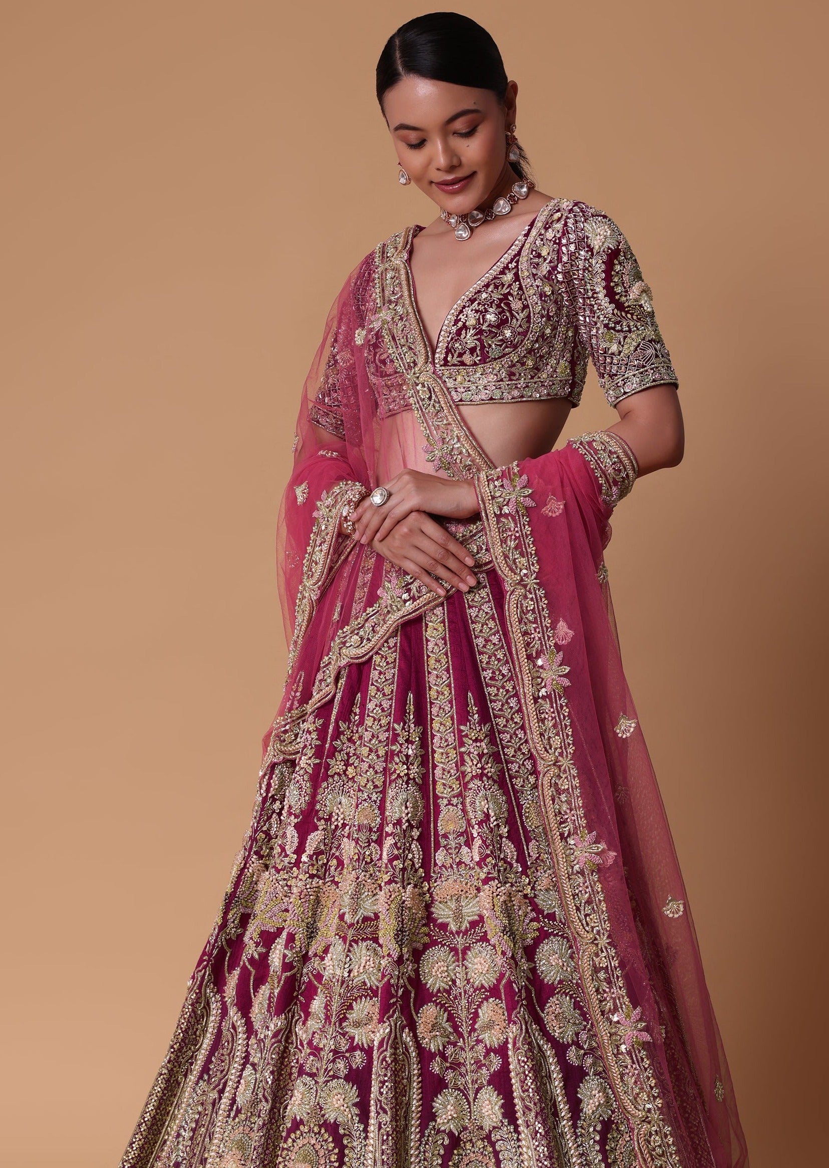 Red Velvet Raw Silk Lehenga with Pearl Blouse Set