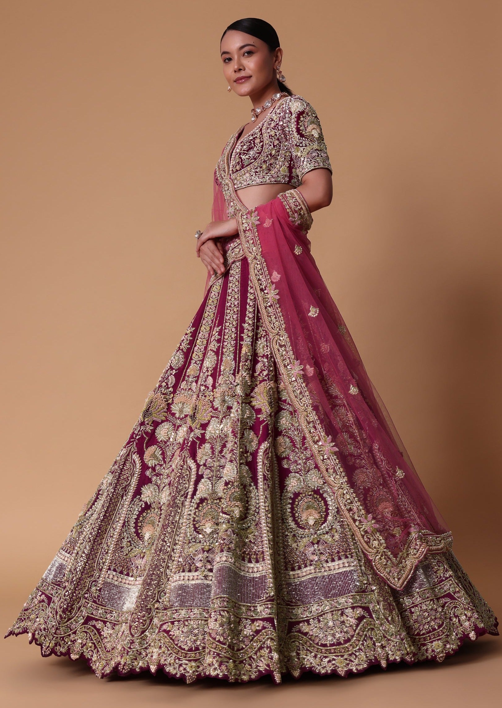 Red Velvet Raw Silk Lehenga with Pearl Blouse Set