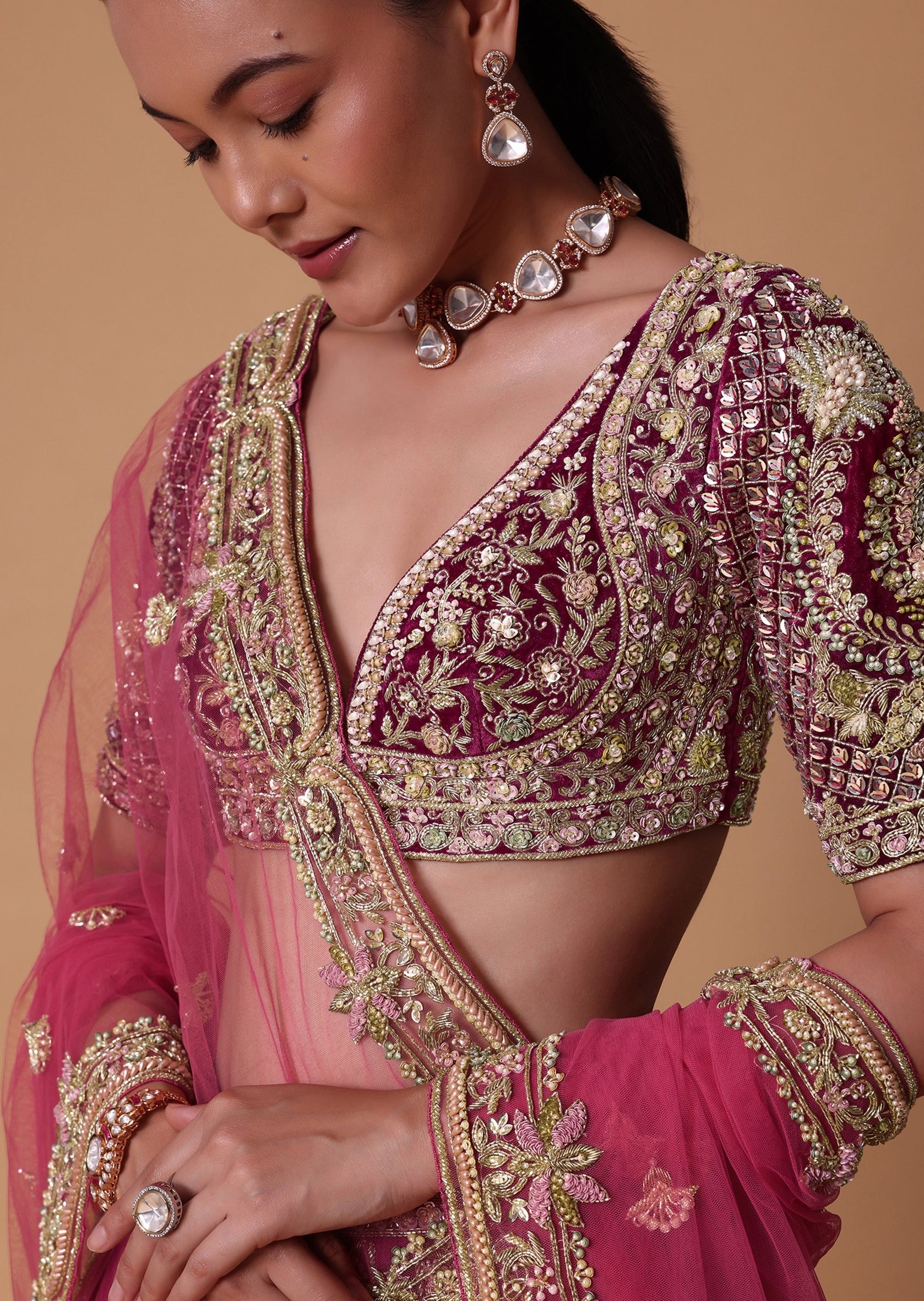 Red Velvet Raw Silk Lehenga with Pearl Blouse Set