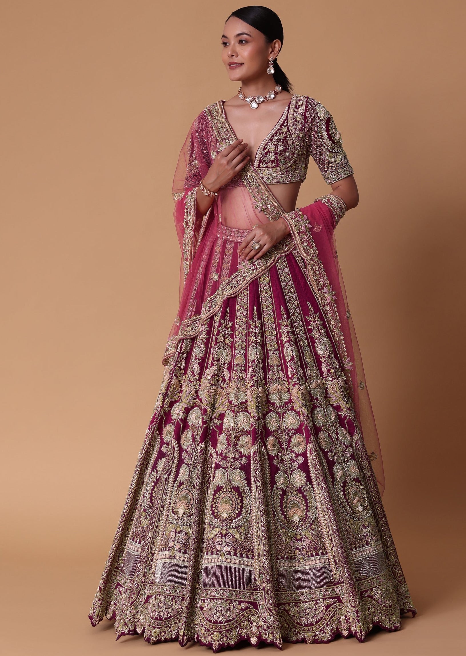 Red Velvet Raw Silk Lehenga with Pearl Blouse Set