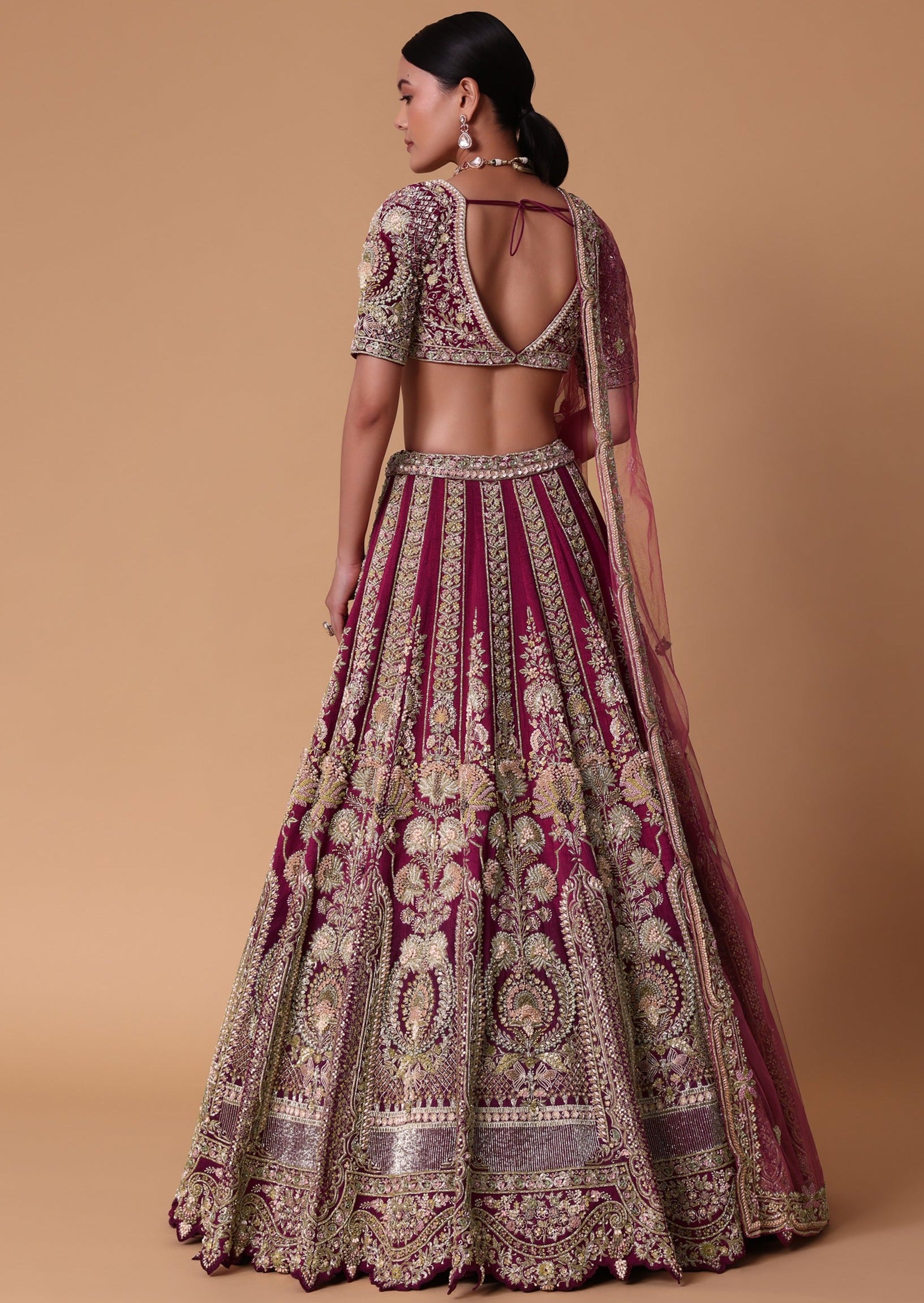 Red Velvet Raw Silk Lehenga with Pearl Blouse Set