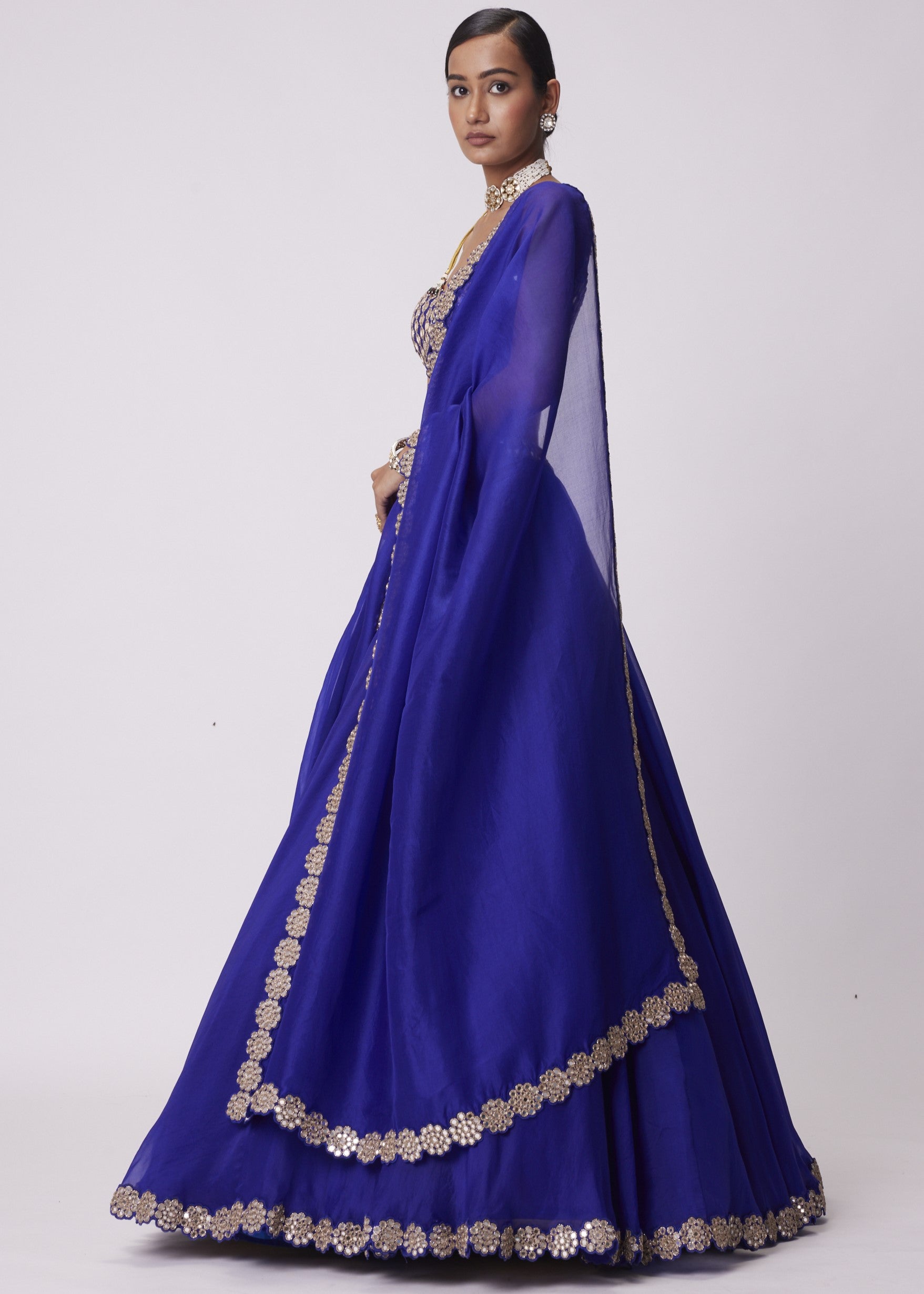 Persian Blue Linear Mirror Embroidered Lehenga Set