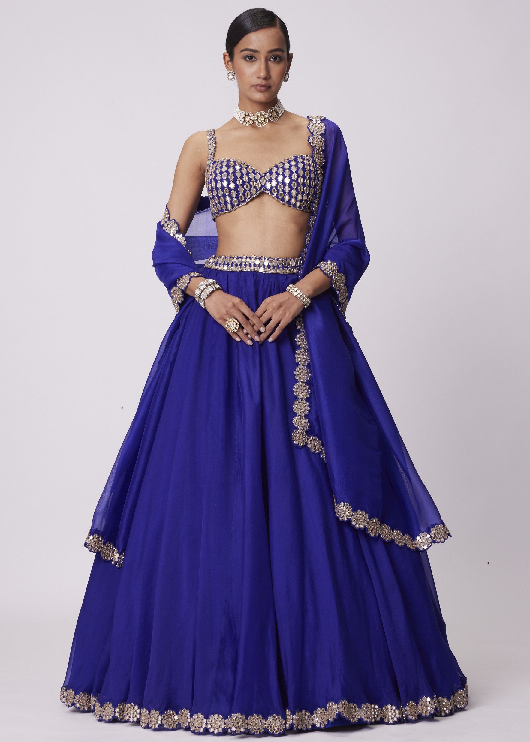 Persian Blue Linear Mirror Embroidered Lehenga Set