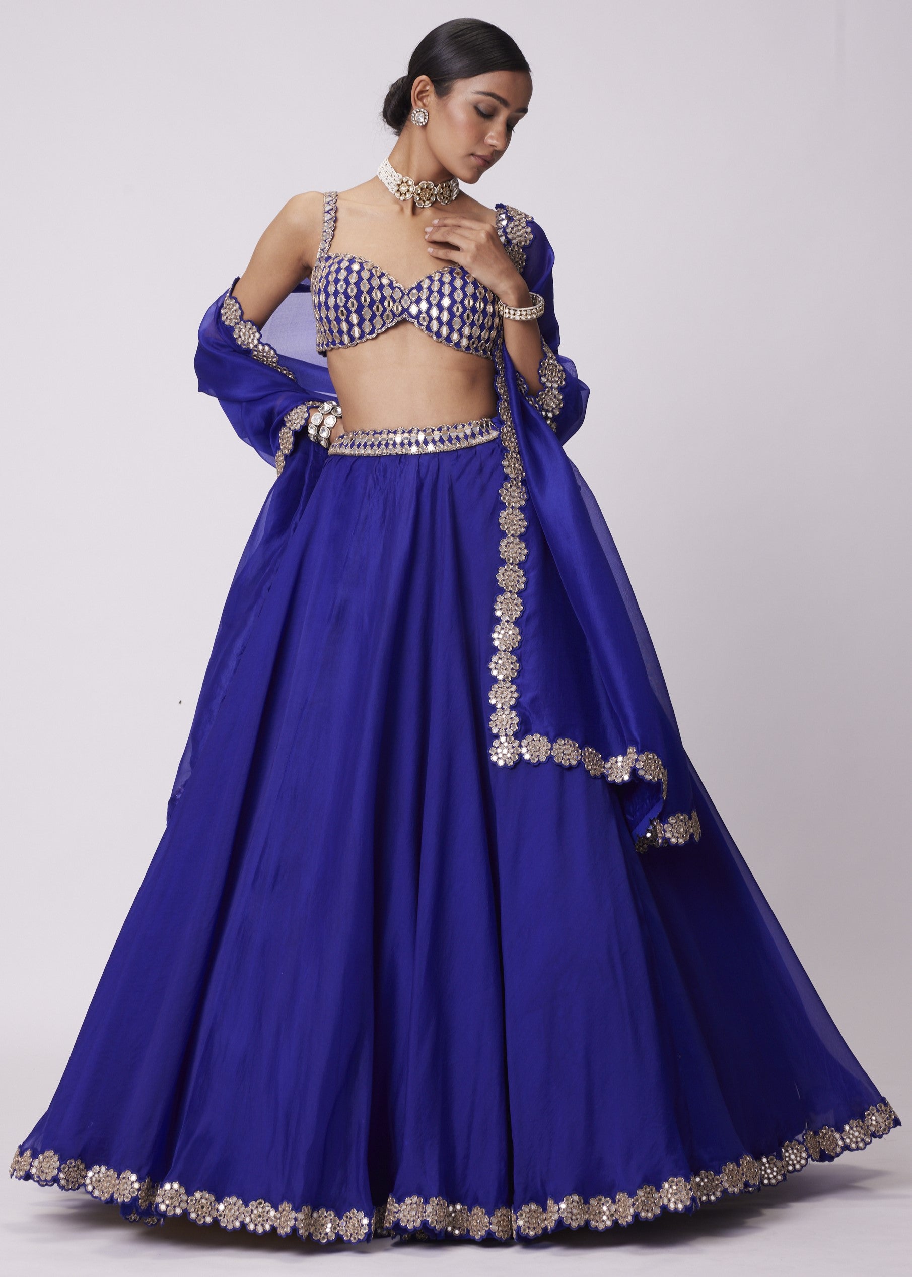 Persian Blue Linear Mirror Embroidered Lehenga Set
