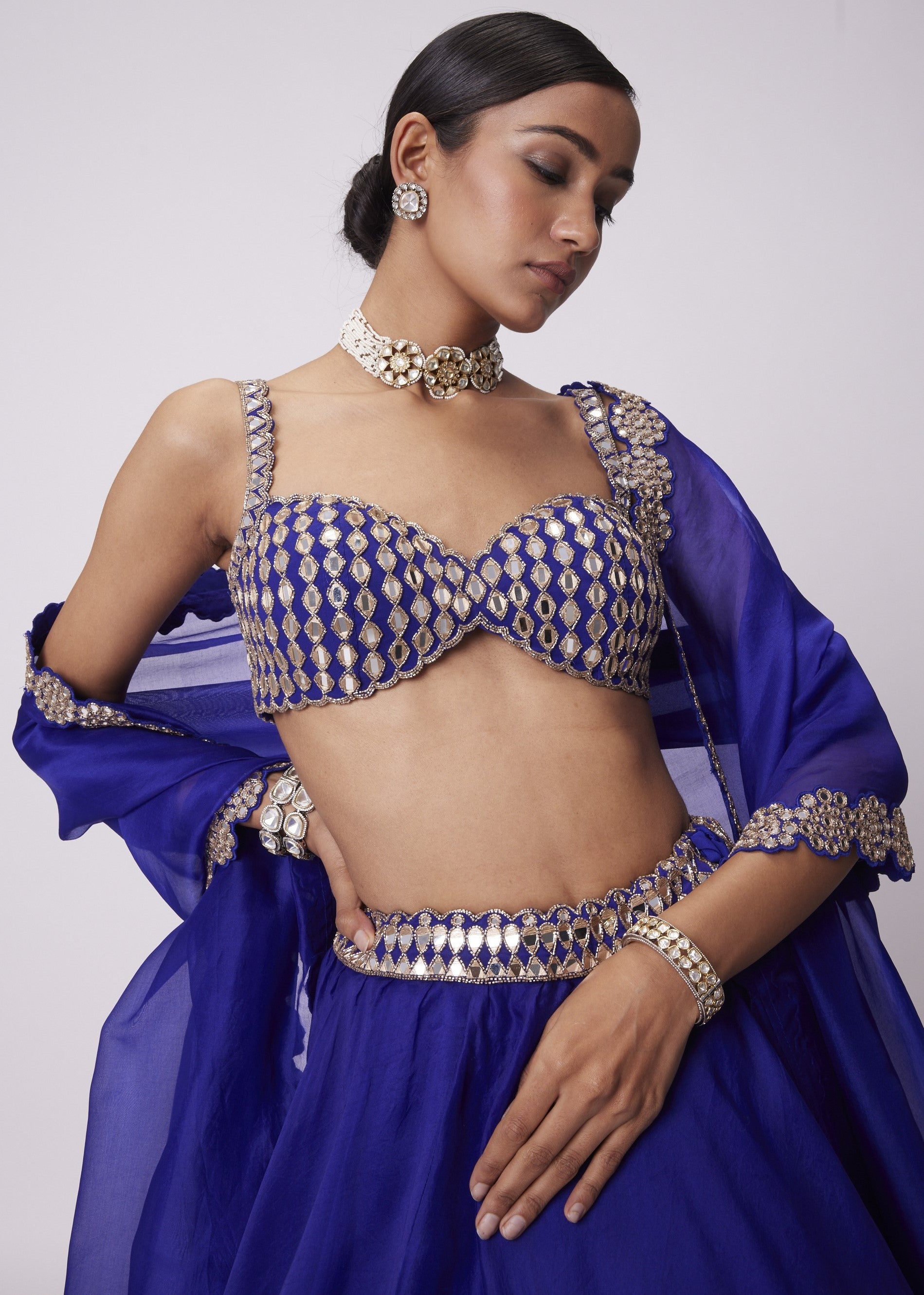 Persian Blue Linear Mirror Embroidered Lehenga Set