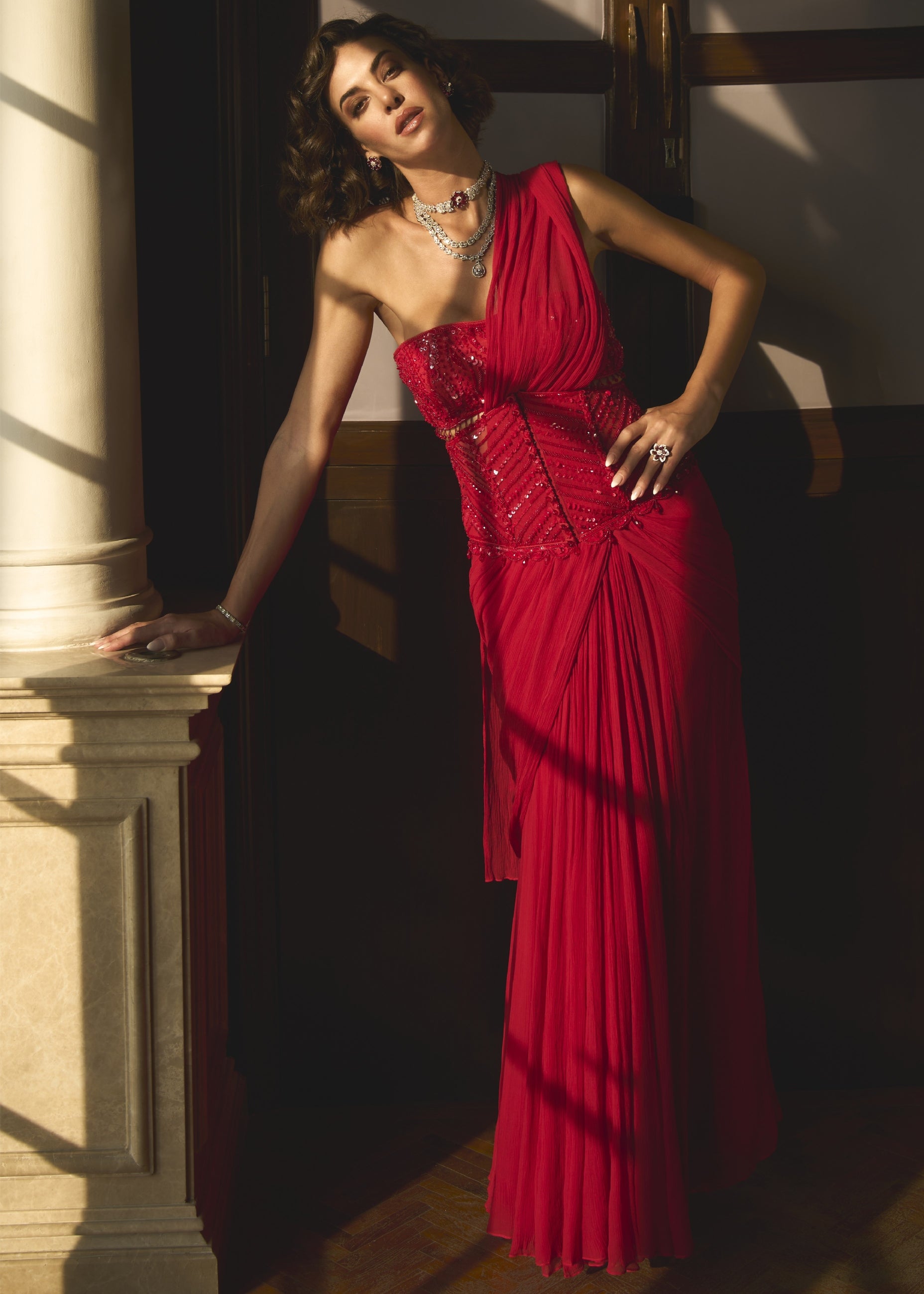 Red Bustier and Corset Sari