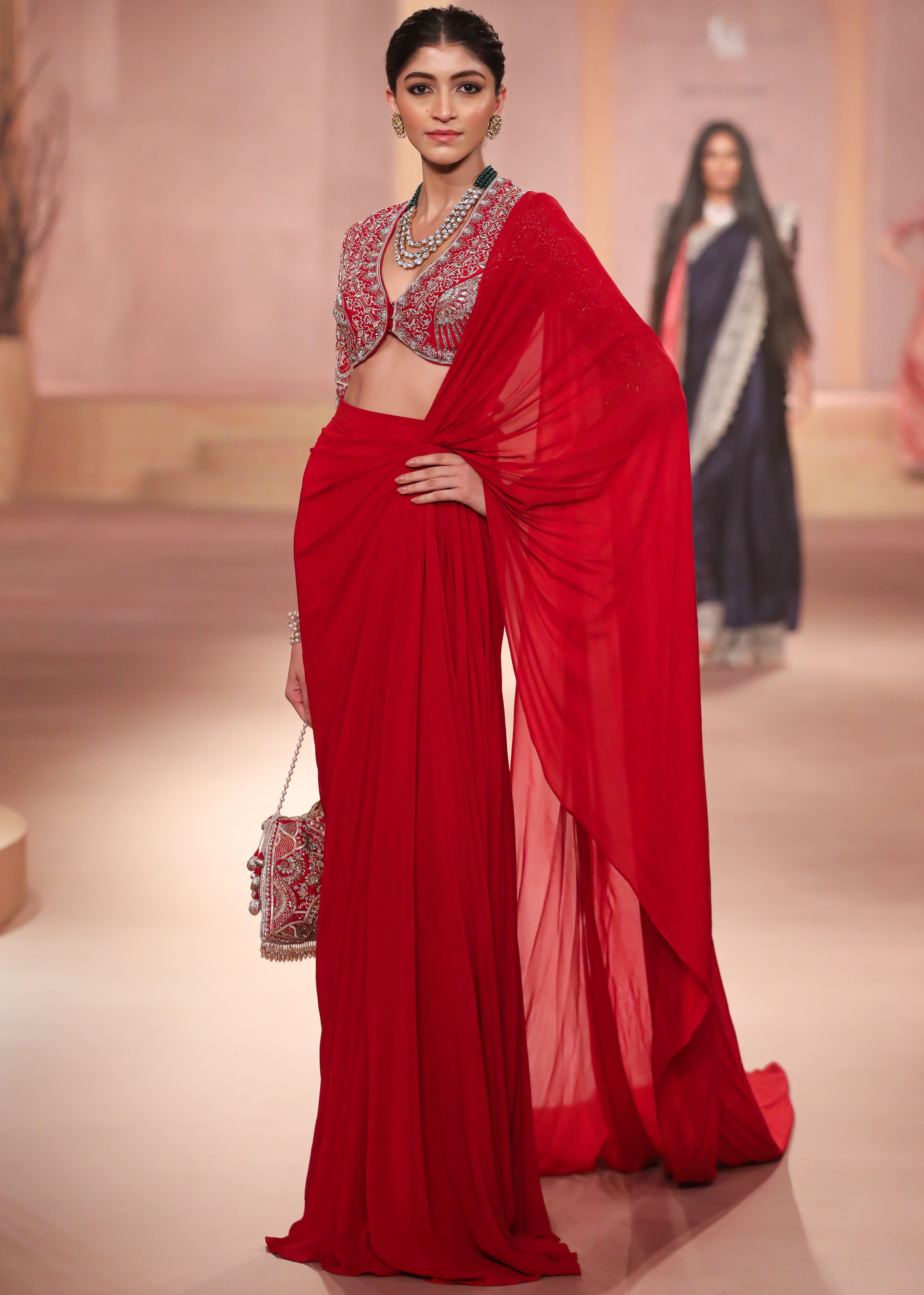 Red Pre-draped Sari Set