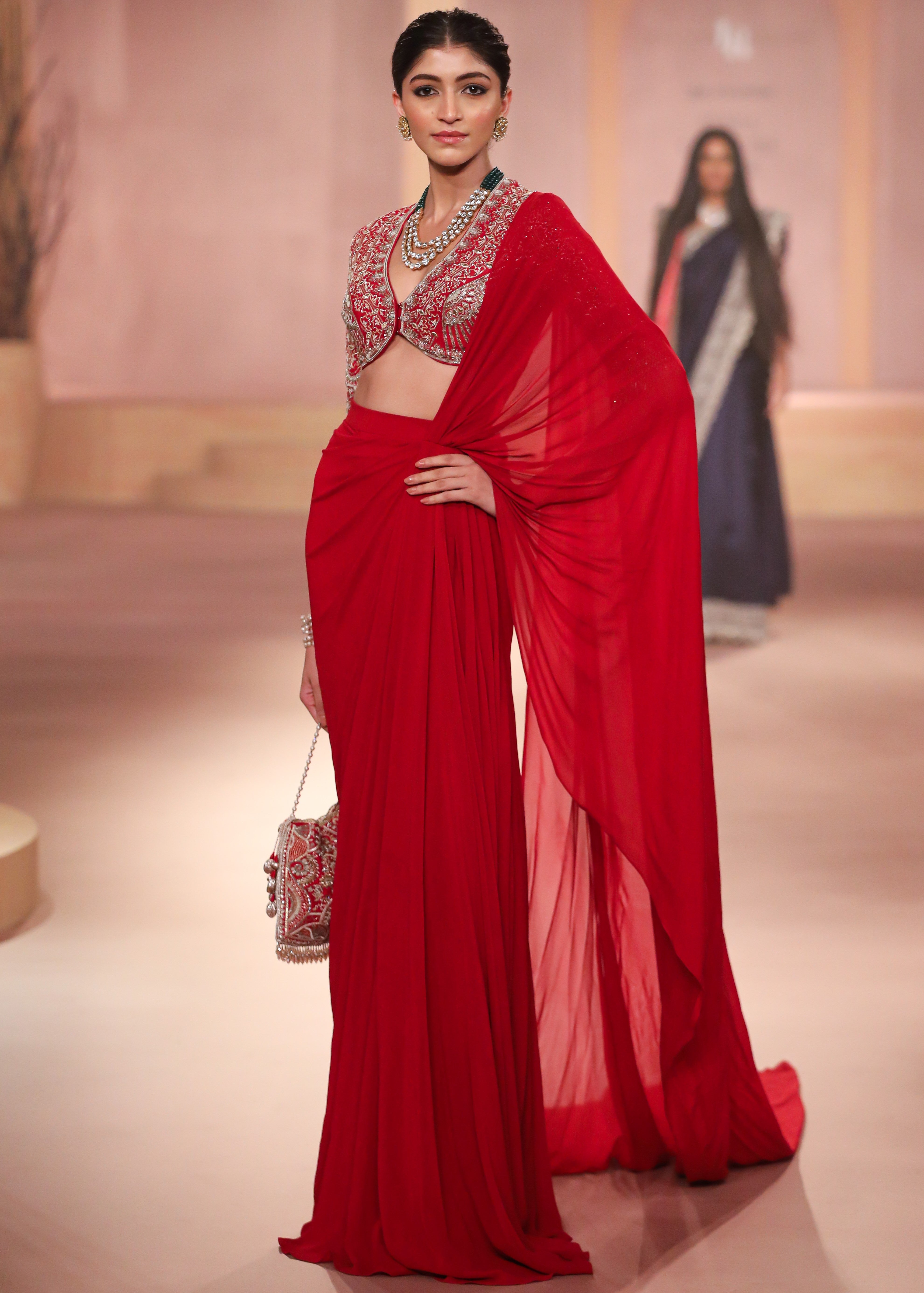 Red Pre-draped Sari Set