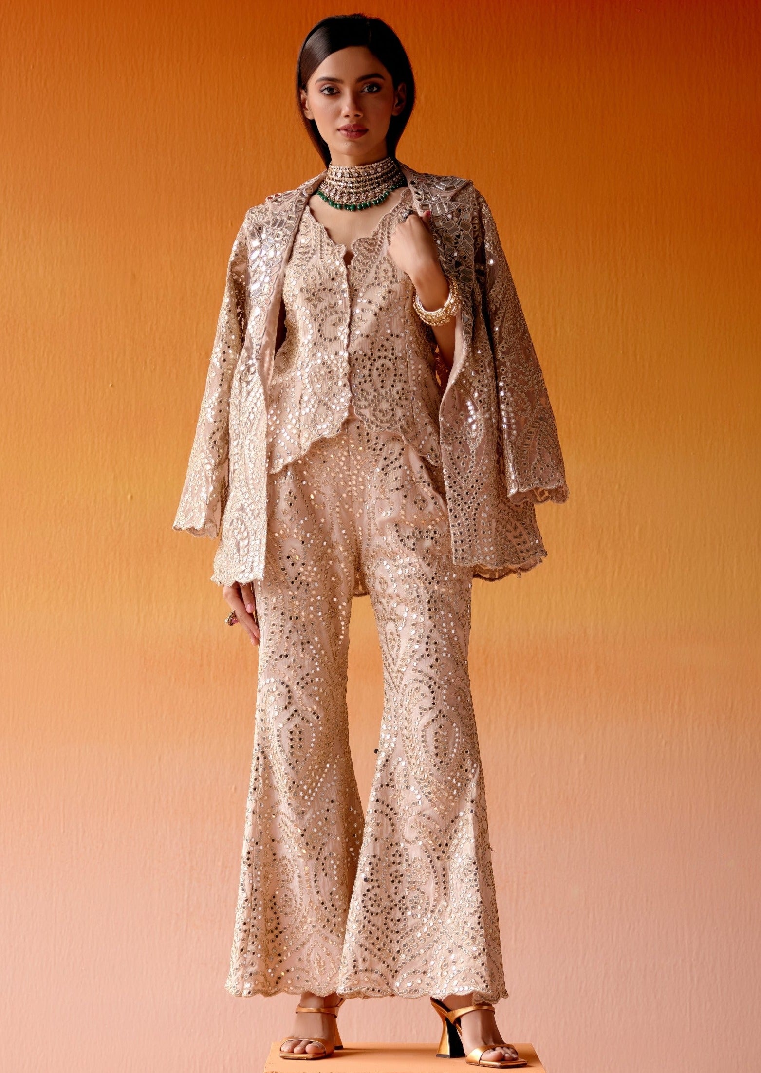 Pink Mirrorwork Scallop Coat Jacket