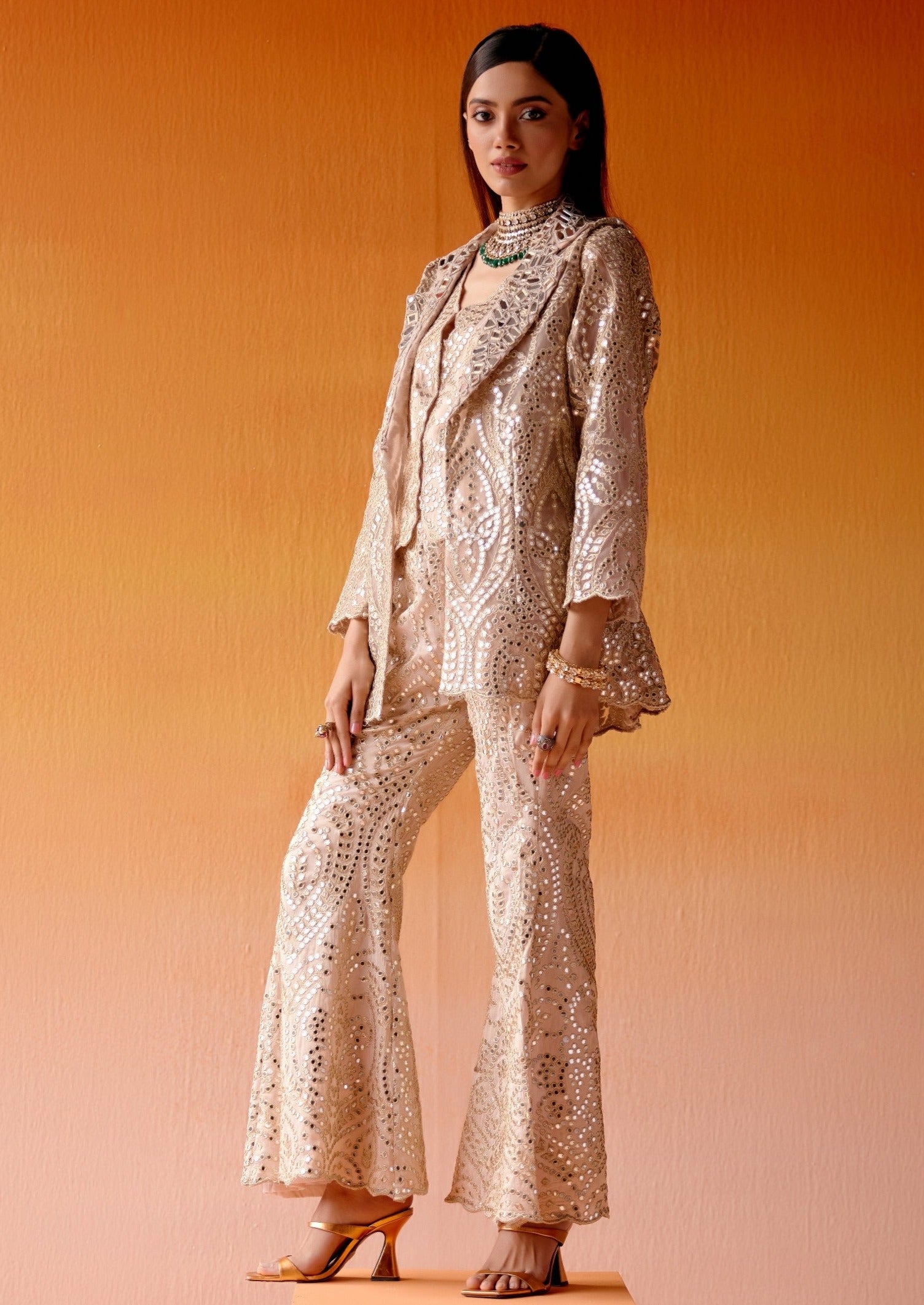 Pink Mirrorwork Scallop Coat Jacket