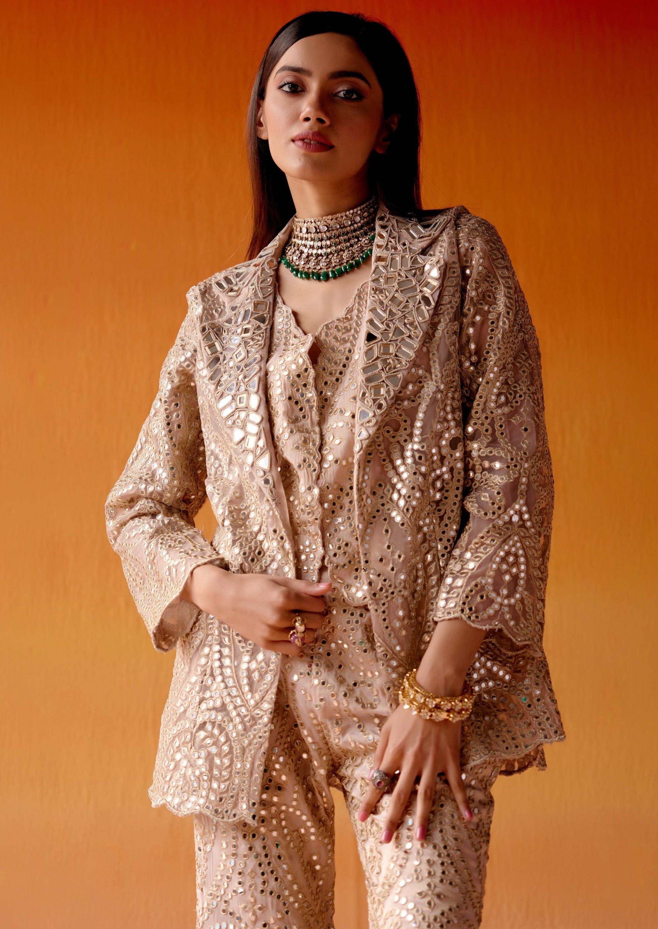 Pink Mirrorwork Scallop Coat Jacket