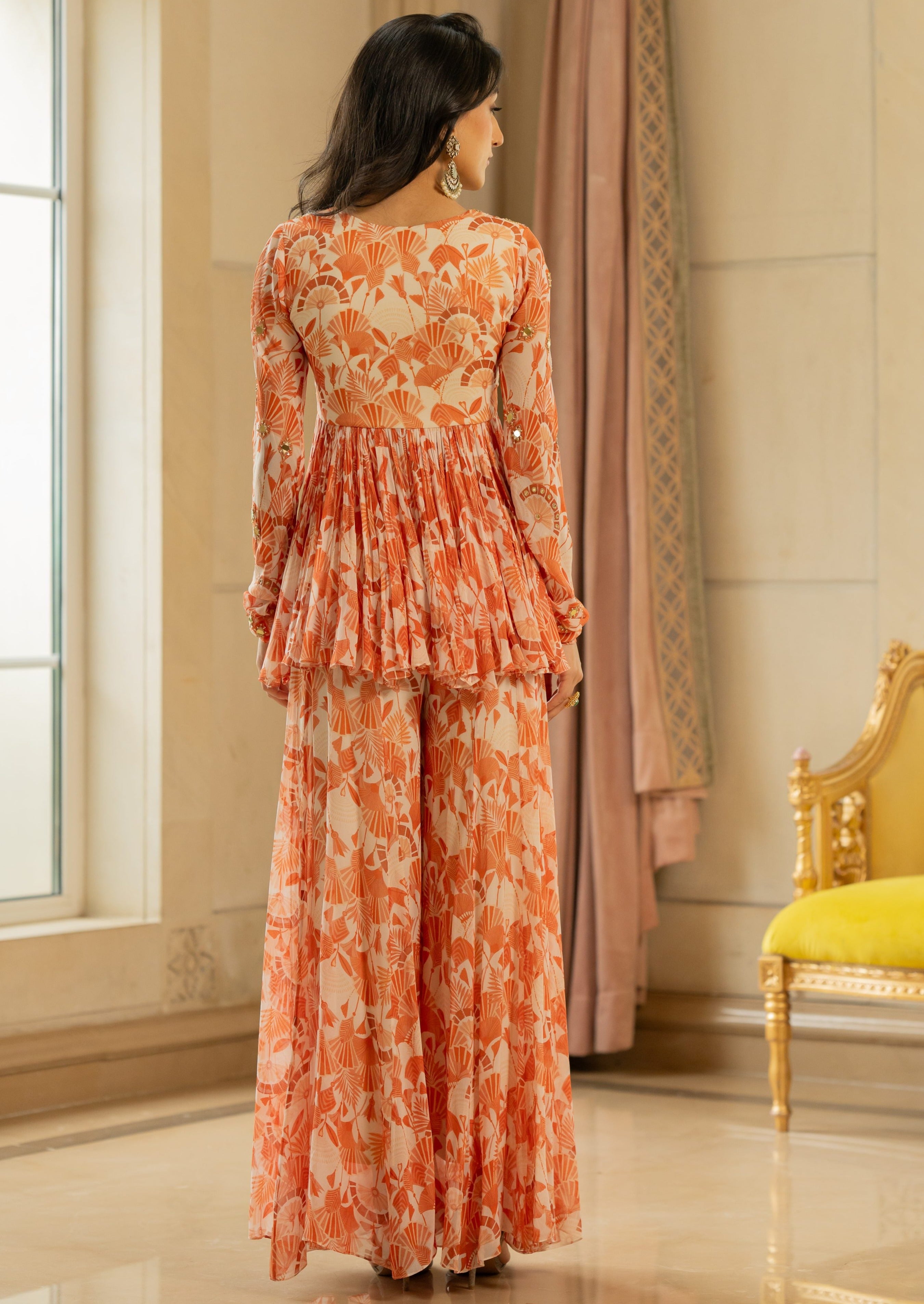 Orange Antique Embroidered Peplum Set