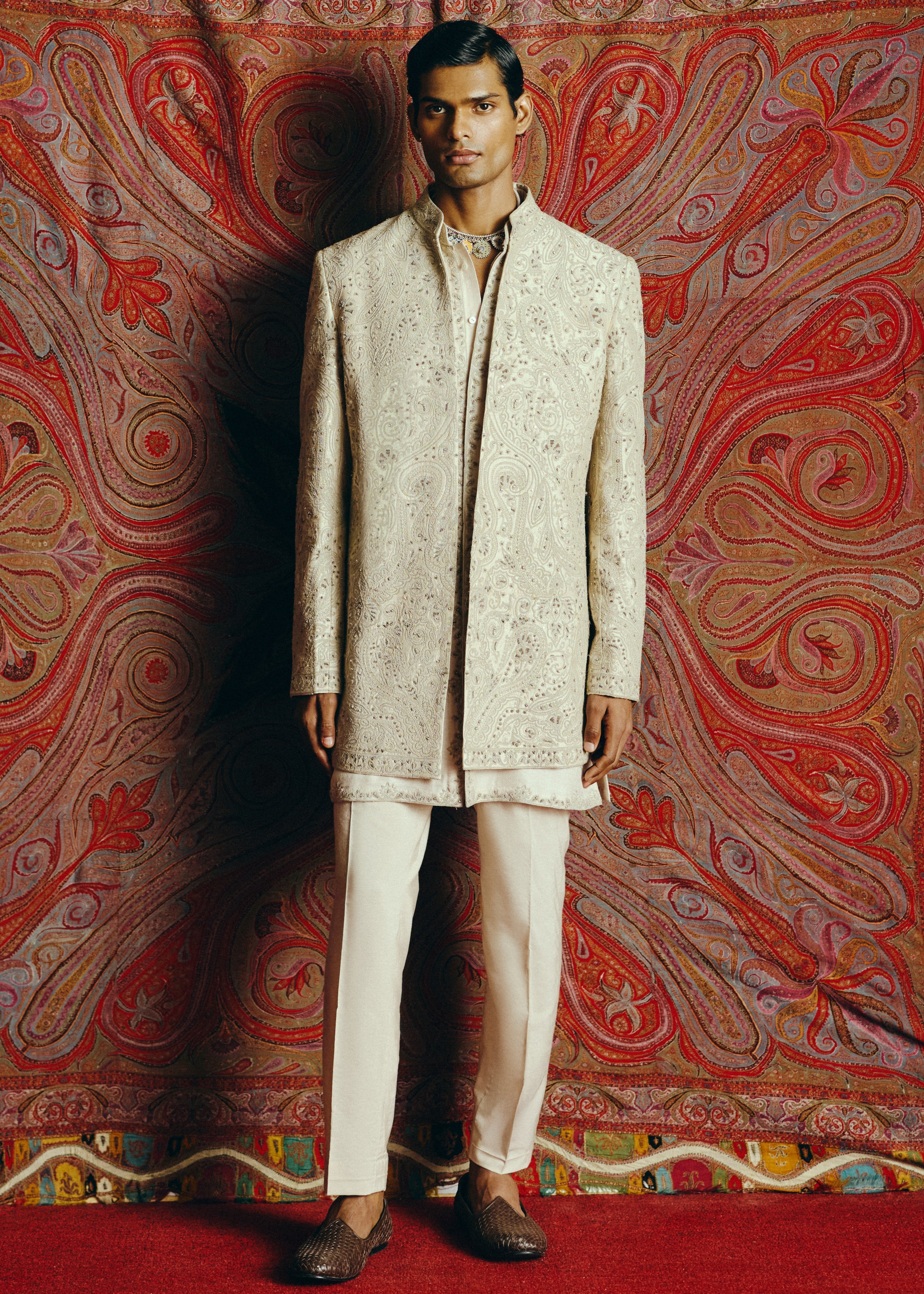 Ecru Reverie Open Jacket With Kurta & Pant Set