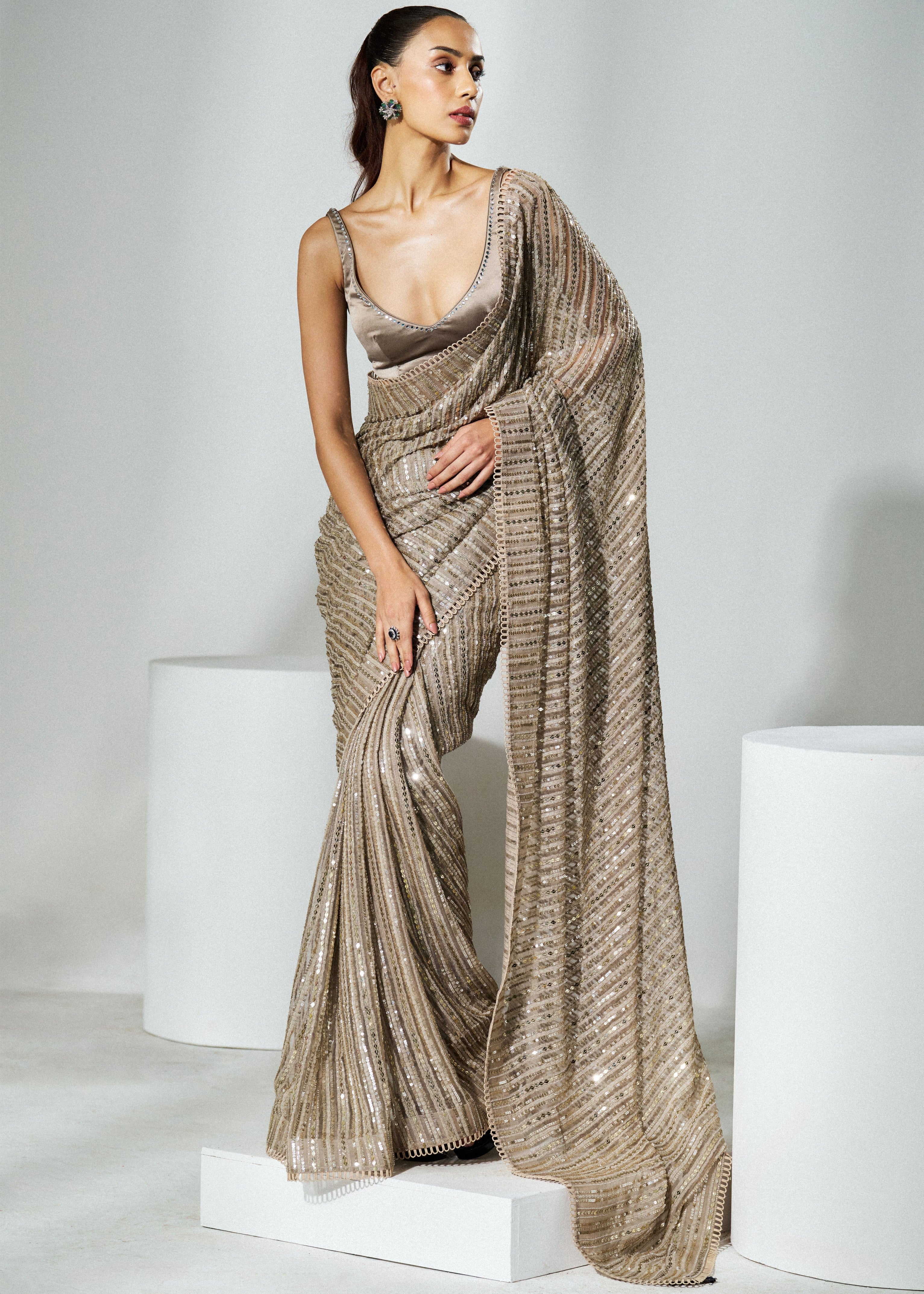 Taupe Sequins Sari