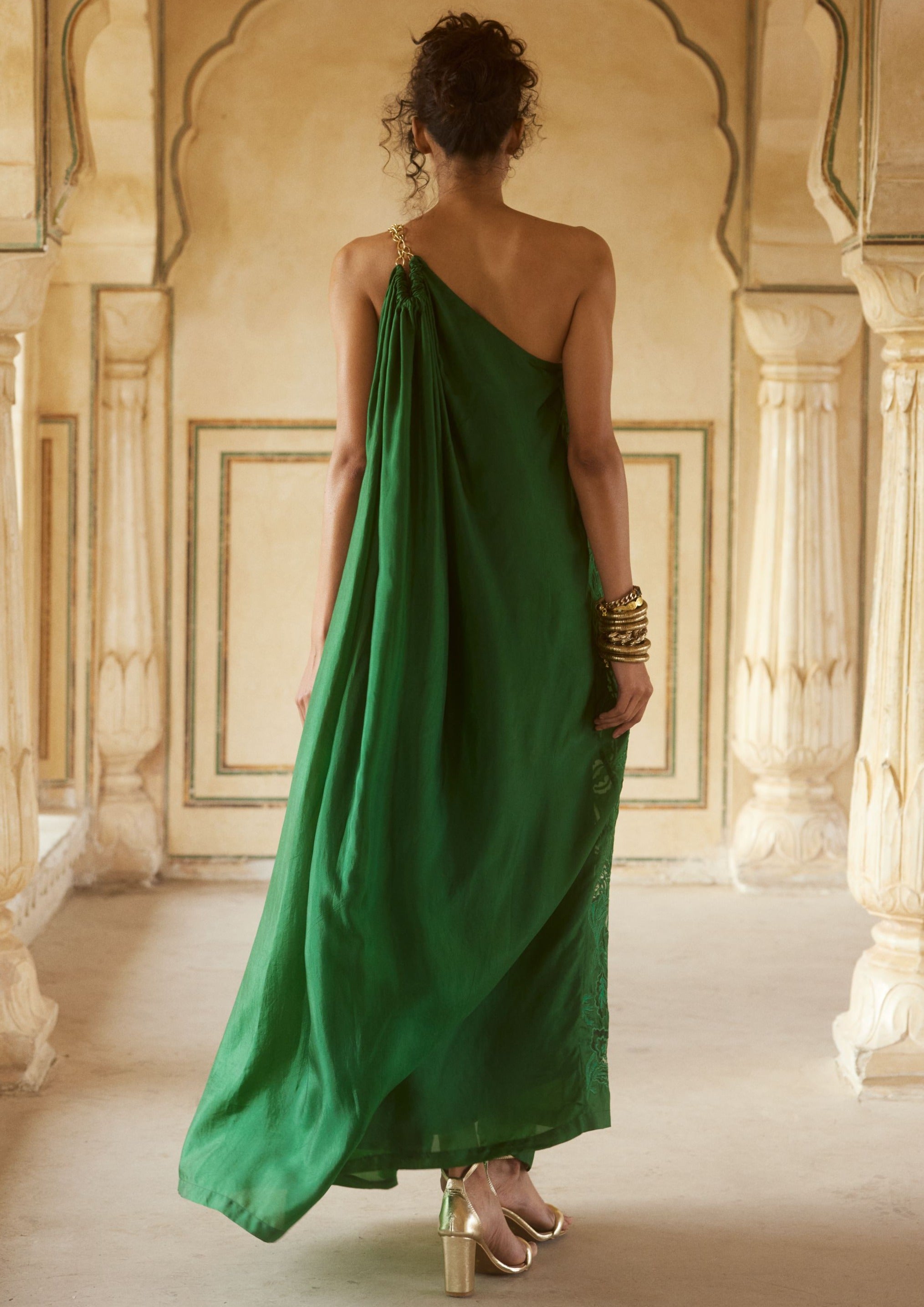 Emerald Green Habutai Silk One-Shoulder Maxi Dress