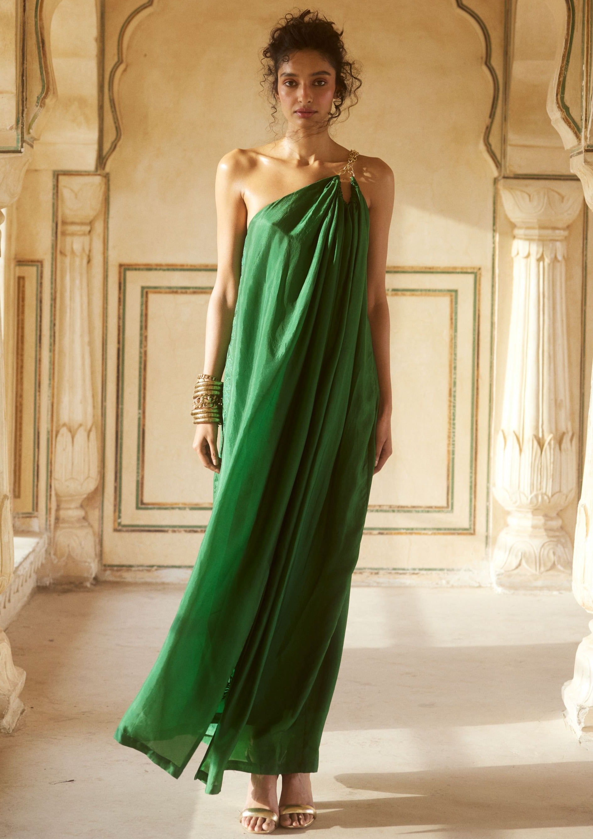 Emerald Green Habutai Silk One-Shoulder Maxi Dress Emerald Green Habutai Silk One-Shoulder Maxi Dress