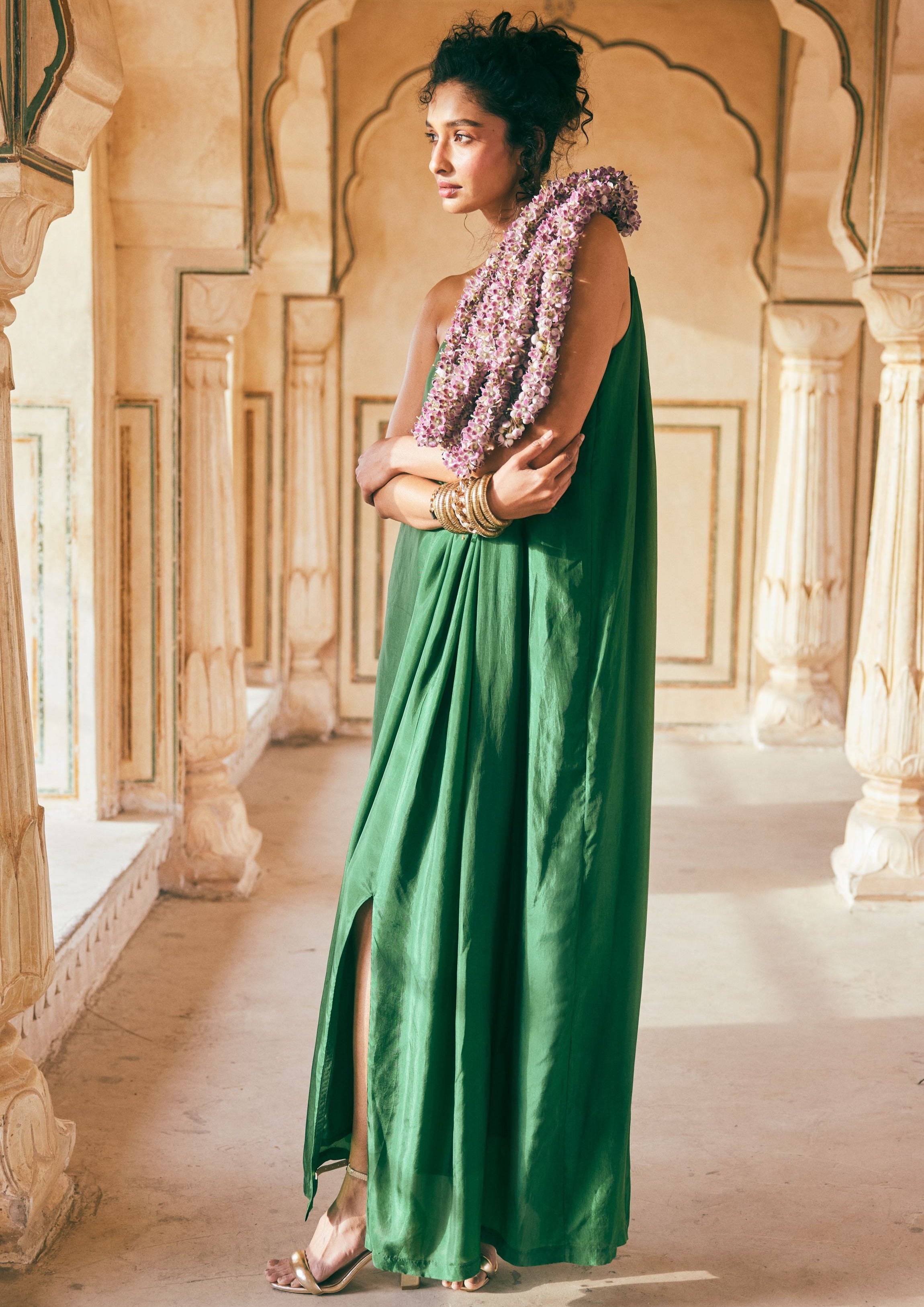 Emerald Green Habutai Silk One-Shoulder Maxi Dress