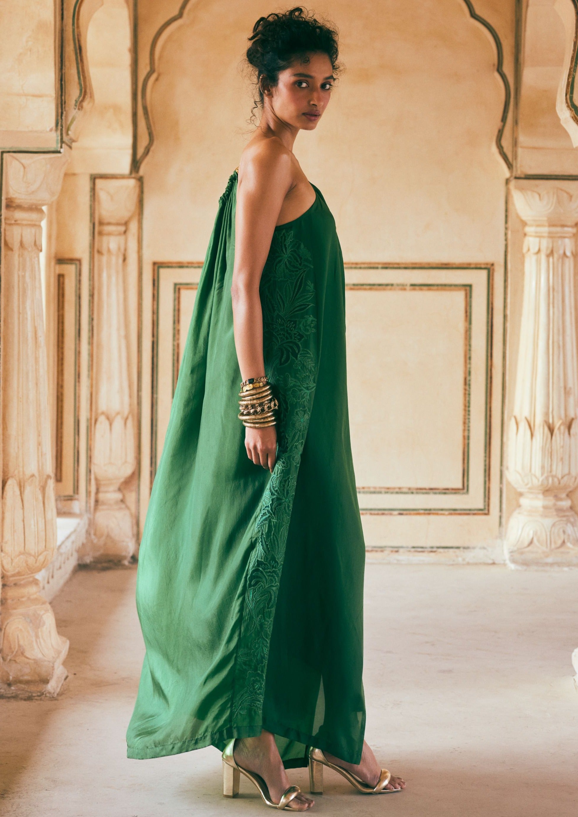 Emerald Green Habutai Silk One-Shoulder Maxi Dress