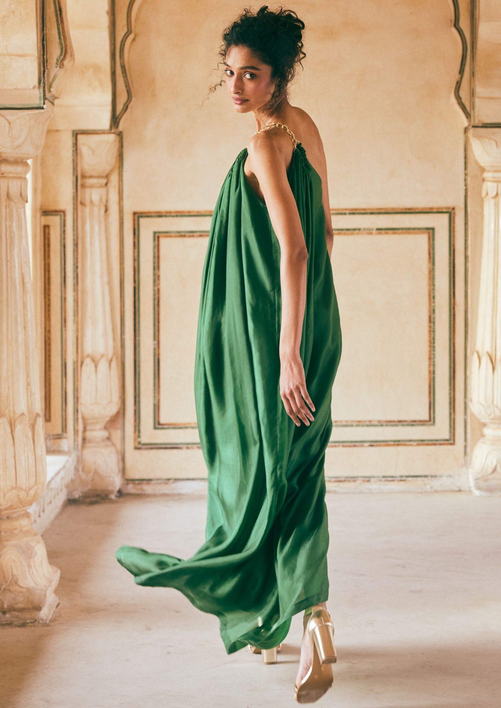 Emerald Green Habutai Silk One-Shoulder Maxi Dress