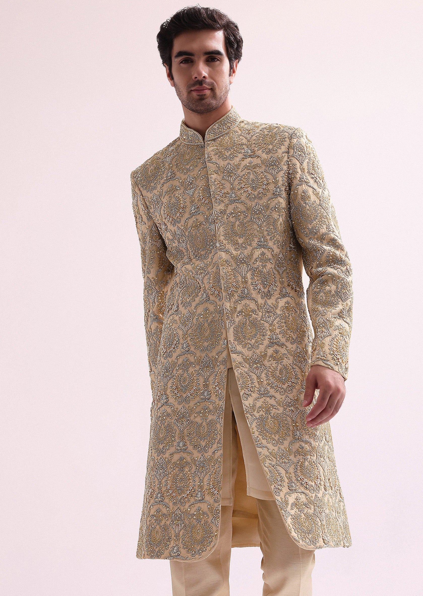 Beige High Collar Silk Sherwani Set