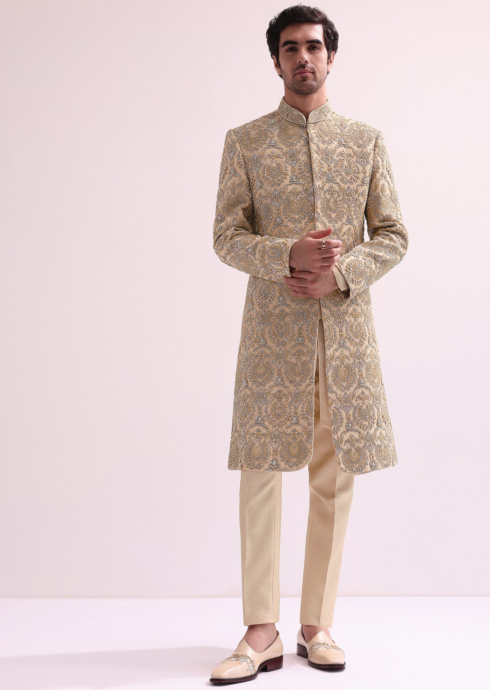 Beige High Collar Silk Sherwani Set