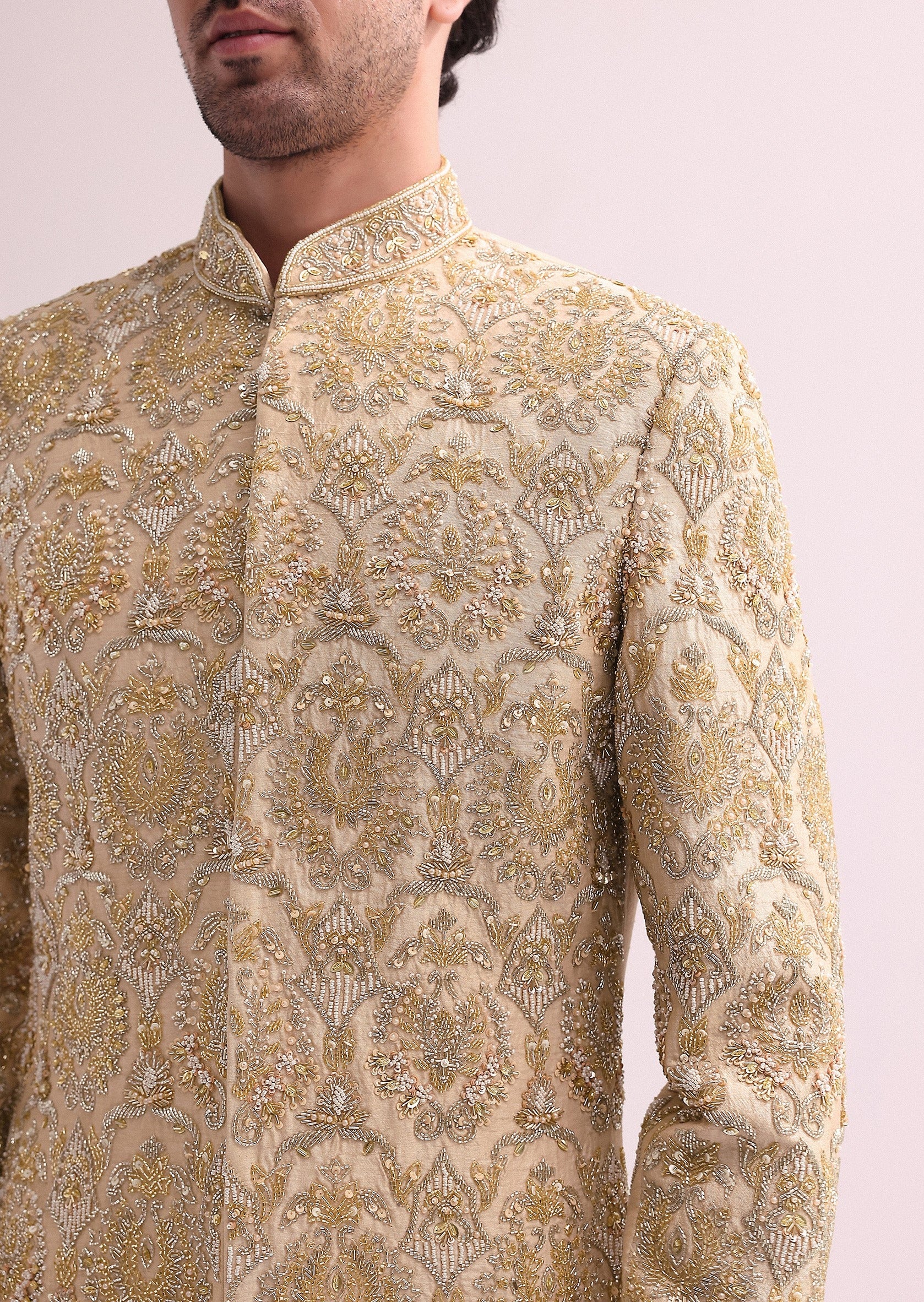 Beige High Collar Silk Sherwani Set
