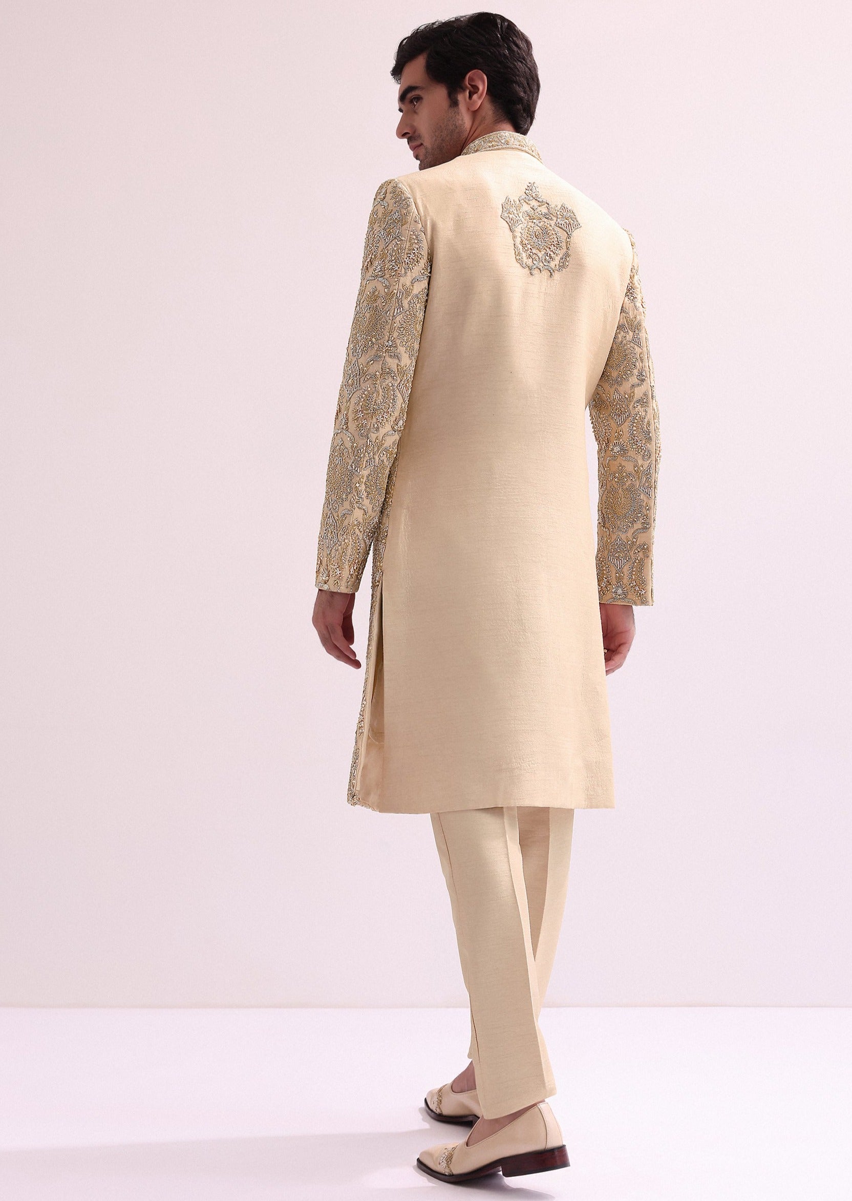 Beige High Collar Silk Sherwani Set