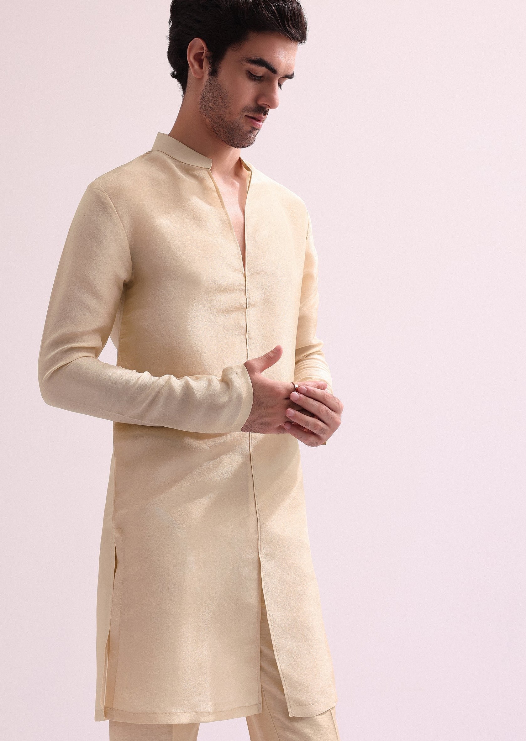 Beige High Collar Silk Sherwani Set