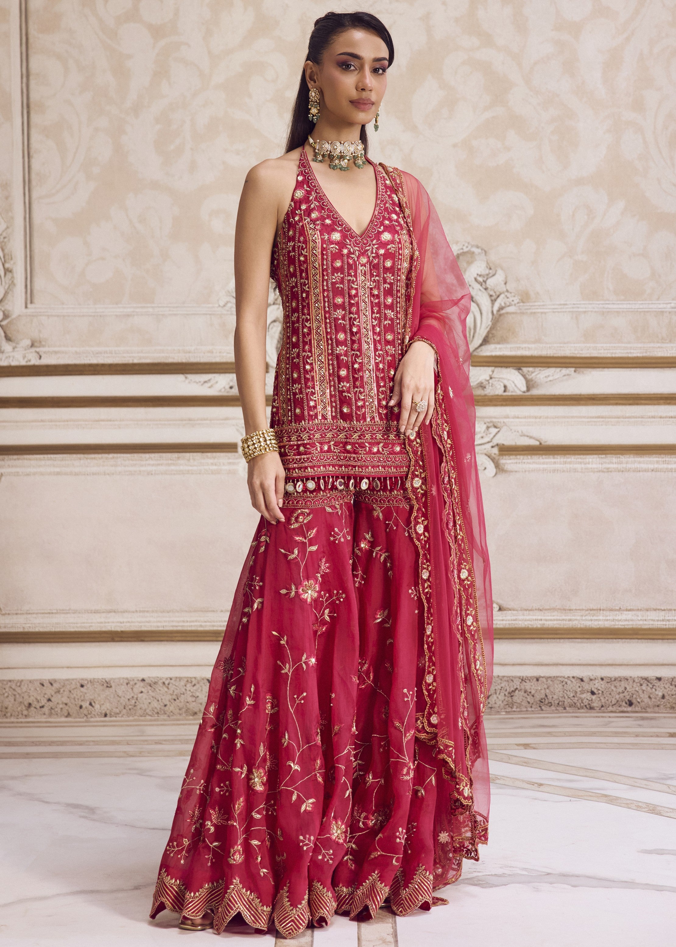 Magenta Halter Neck Kurta And Sharara