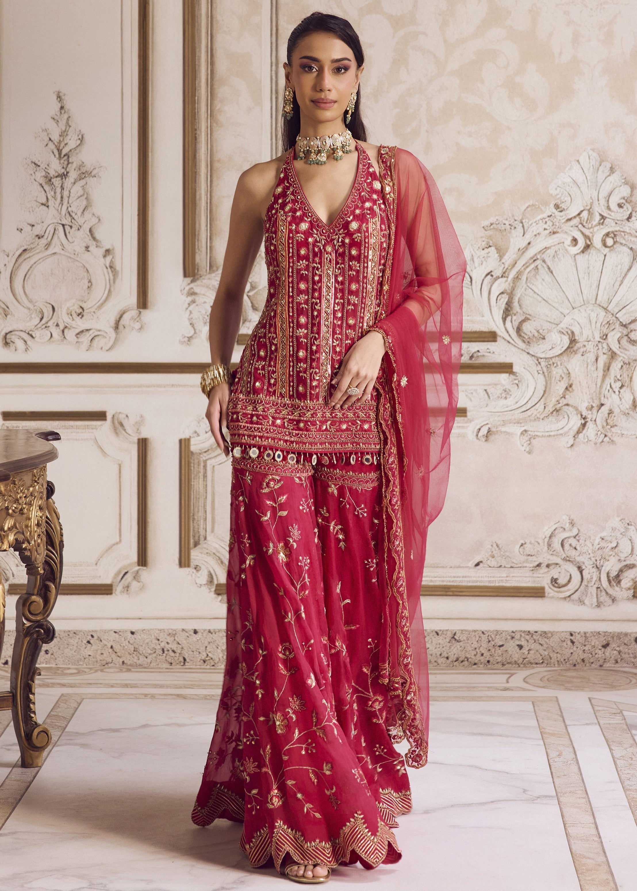Magenta Halter Neck Kurta And Sharara