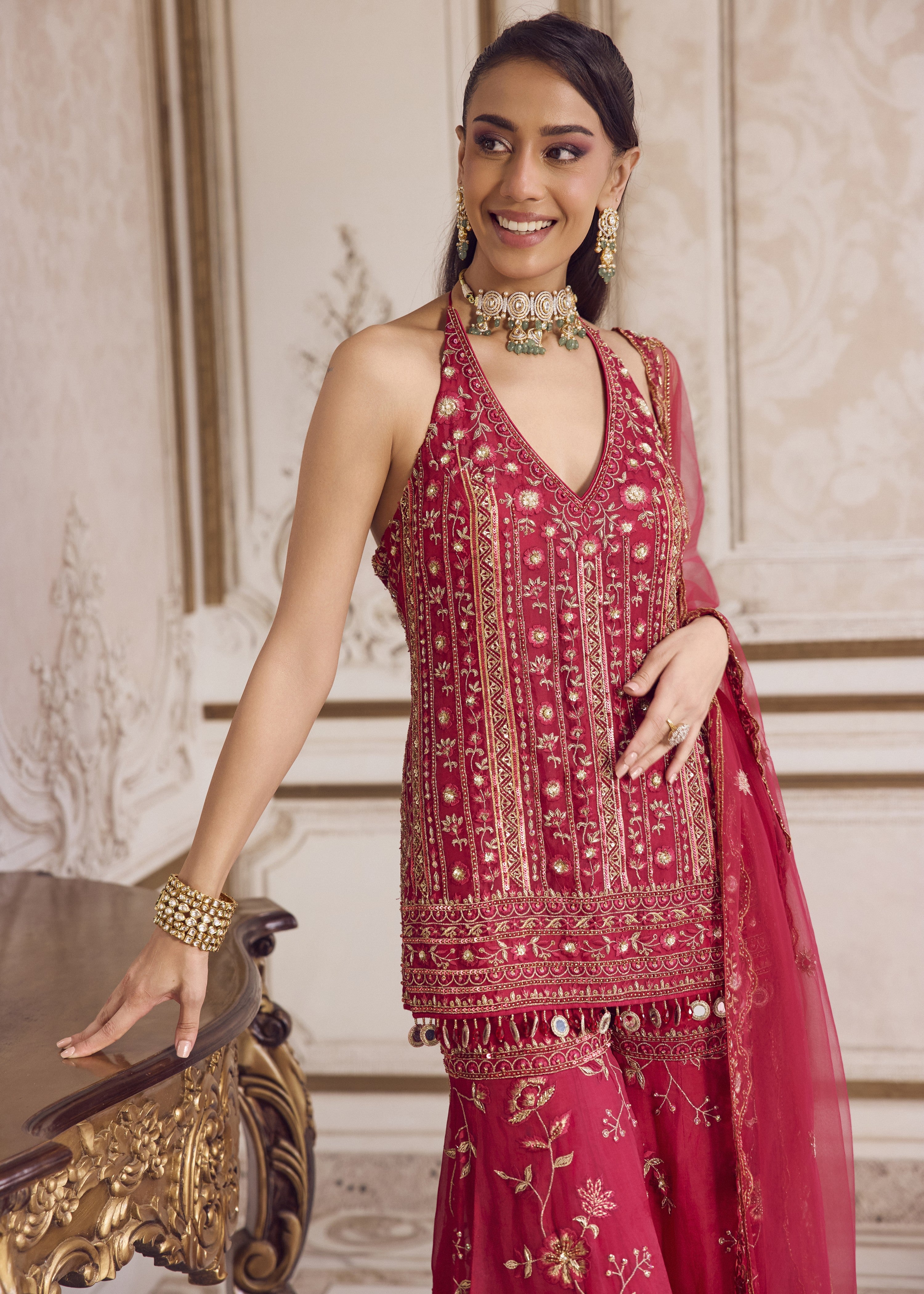 Magenta Halter Neck Kurta And Sharara