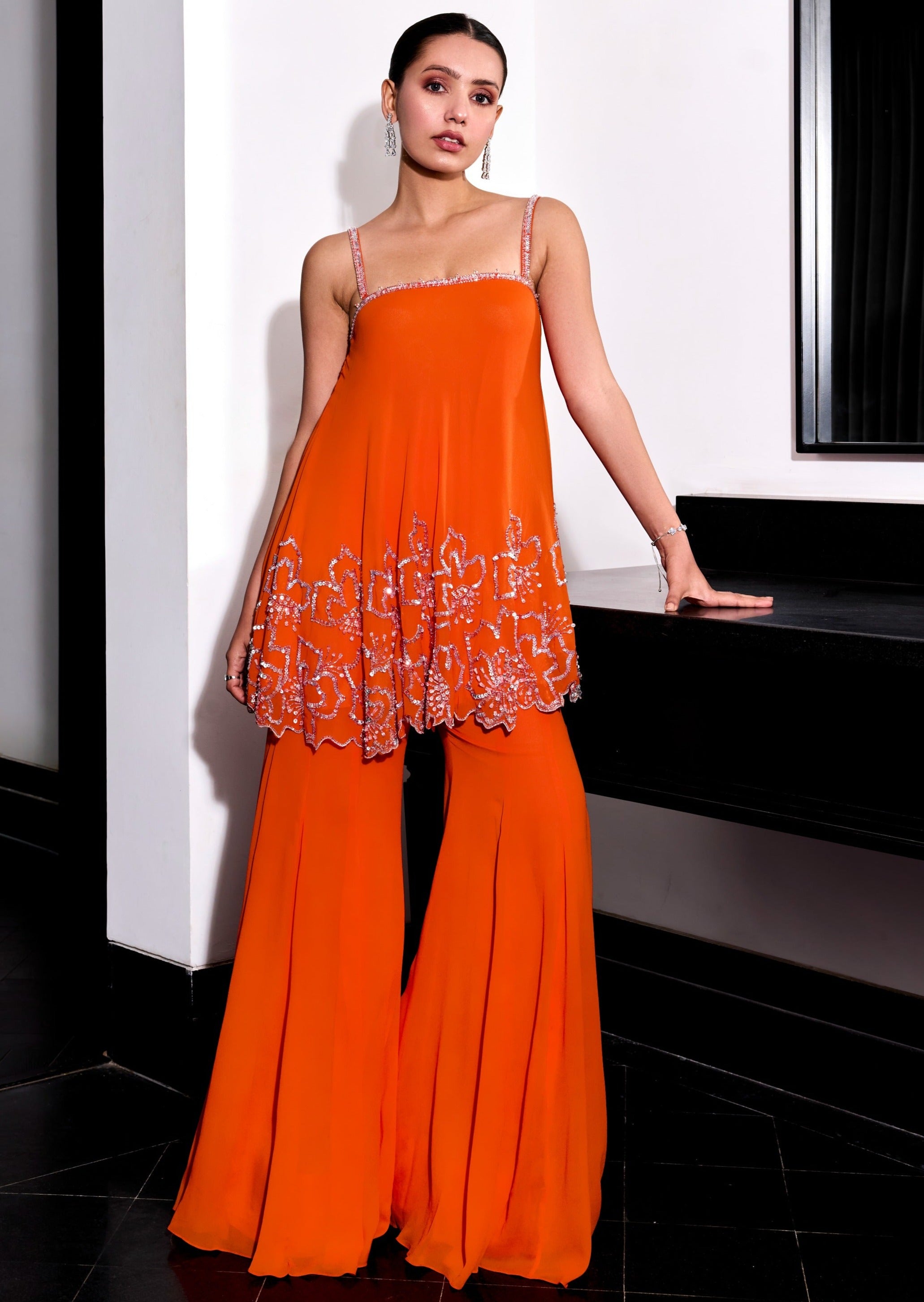 Orange Floral Embroidery Pants Set