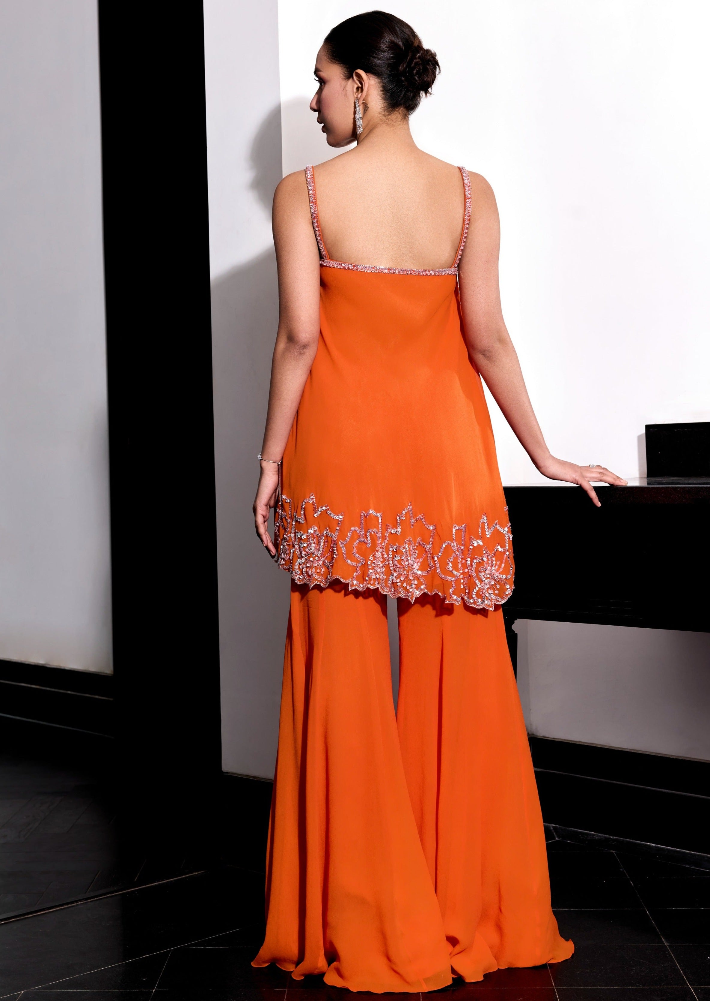 Orange Floral Embroidery Pants Set