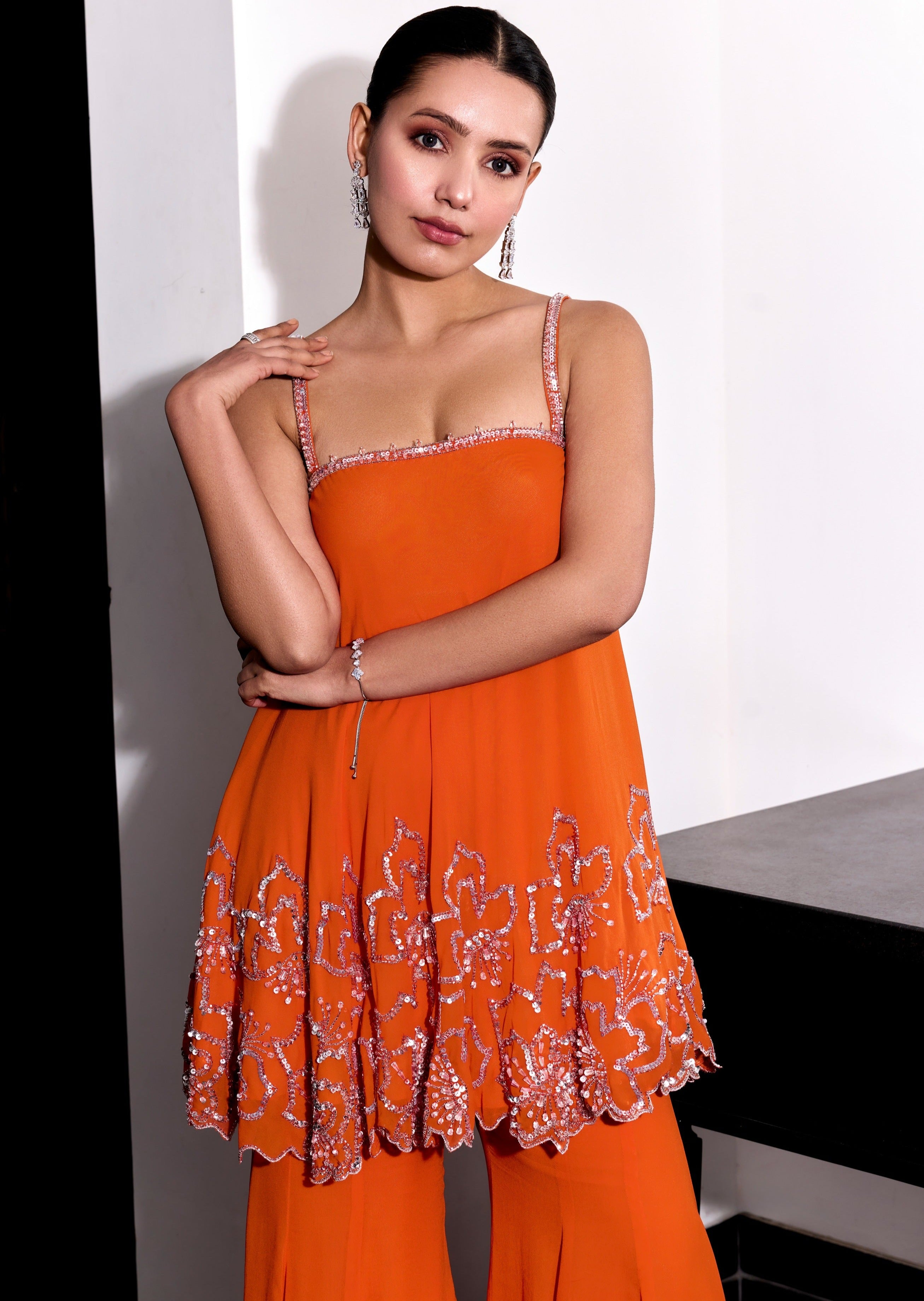 Orange Floral Embroidery Pants Set