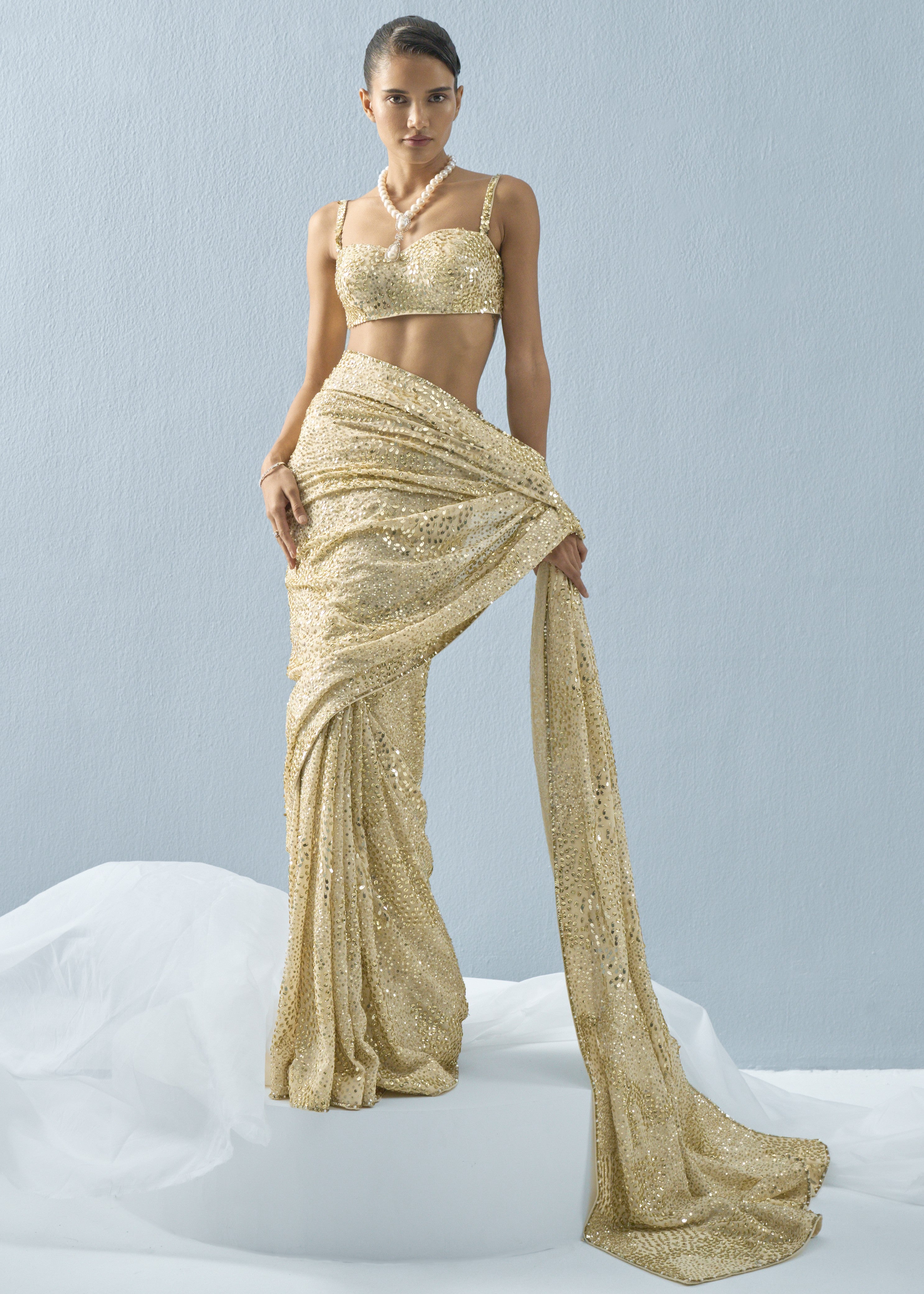 Ivory Georgette Sparkle Sari Set