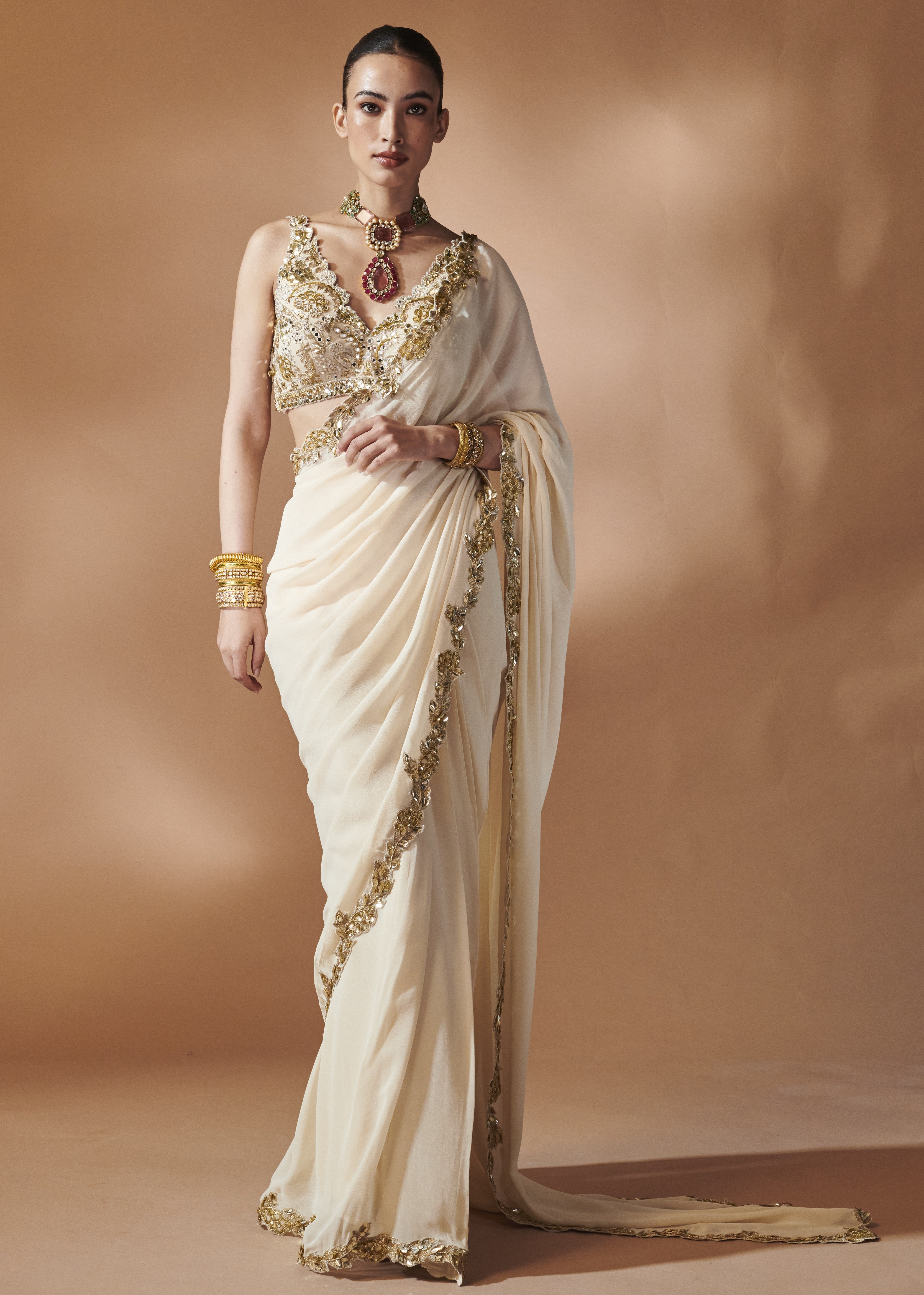Ivory And Gold Sari Set