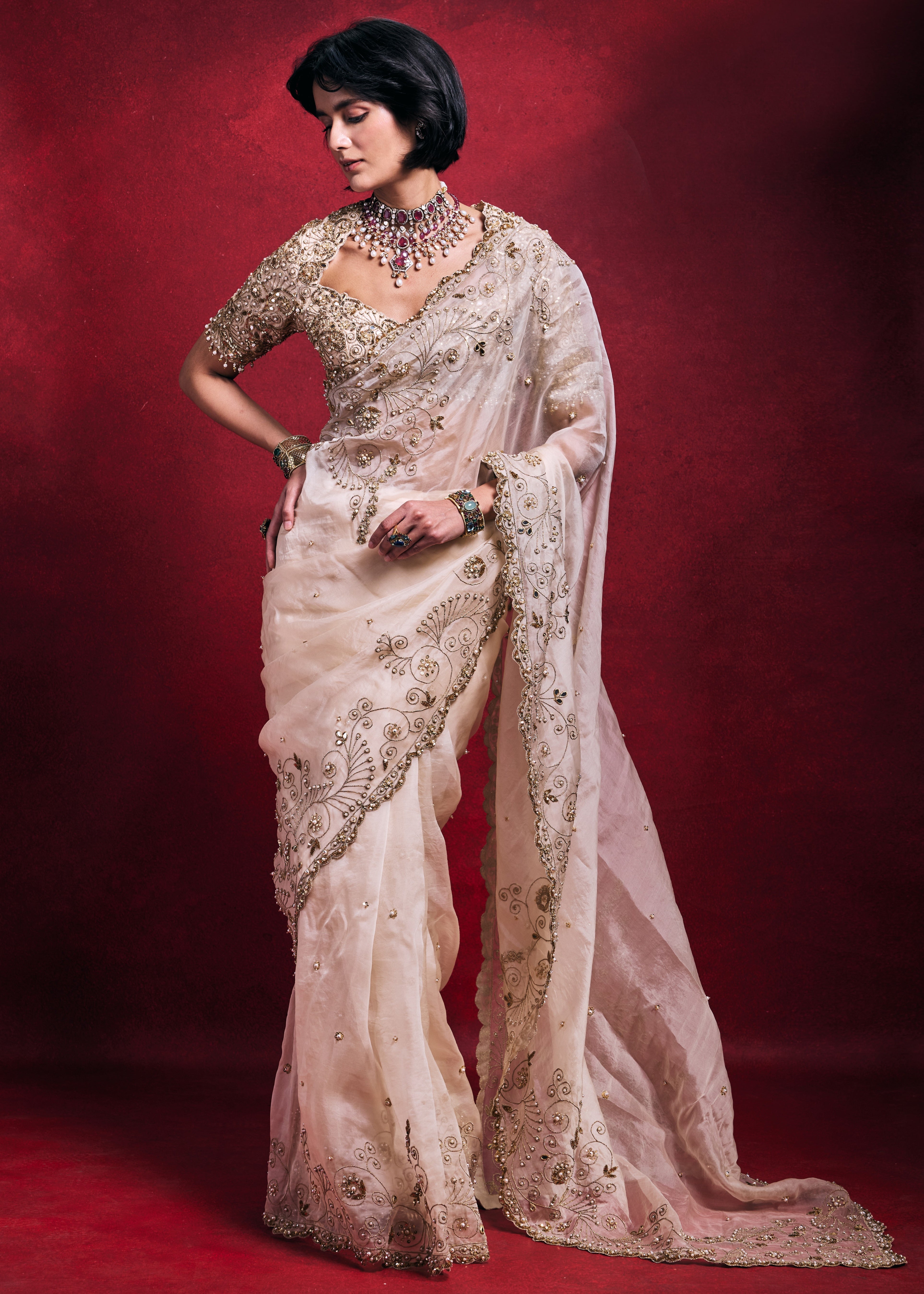 Cream Organza Sari Set