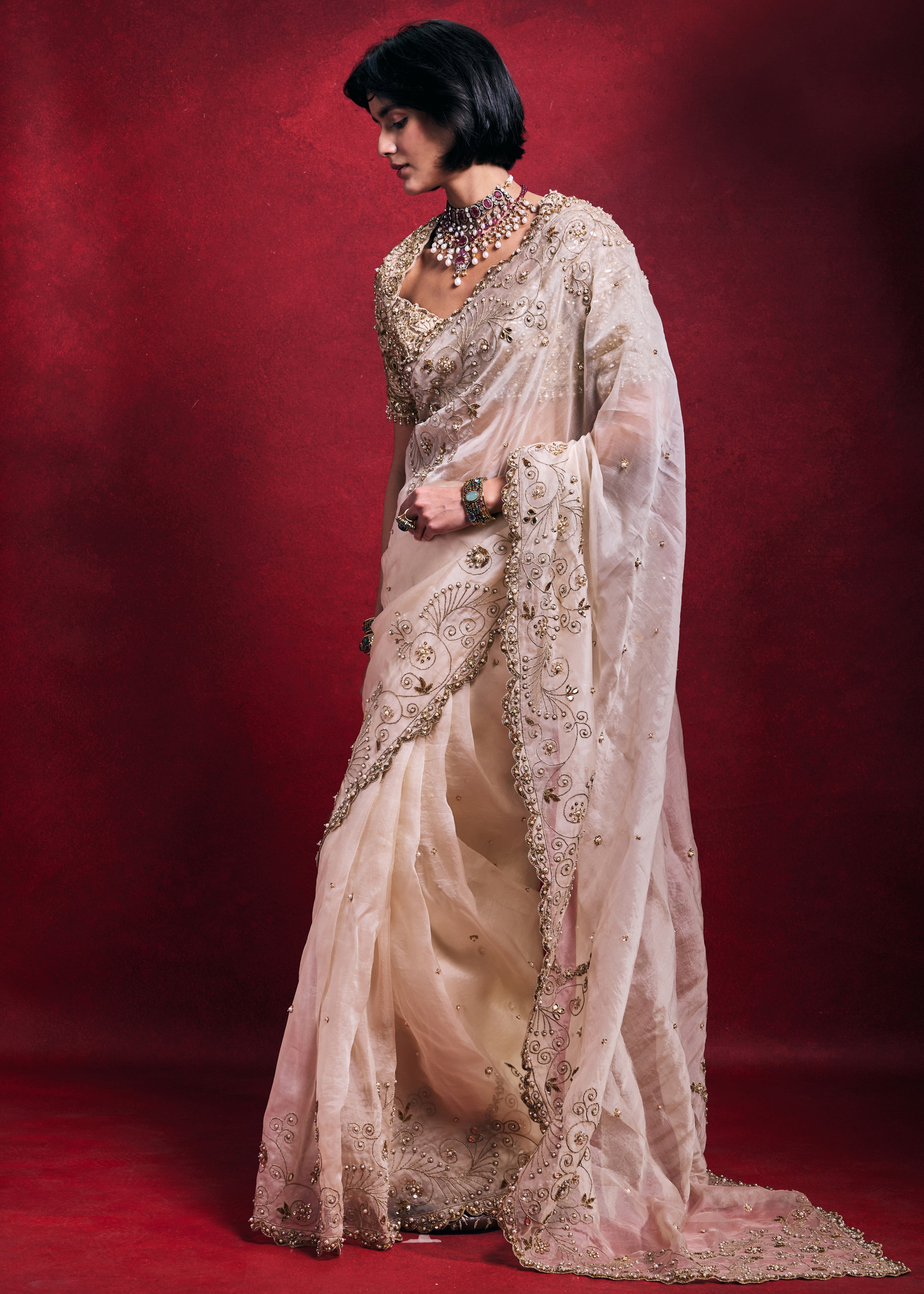 Cream Organza Sari Set