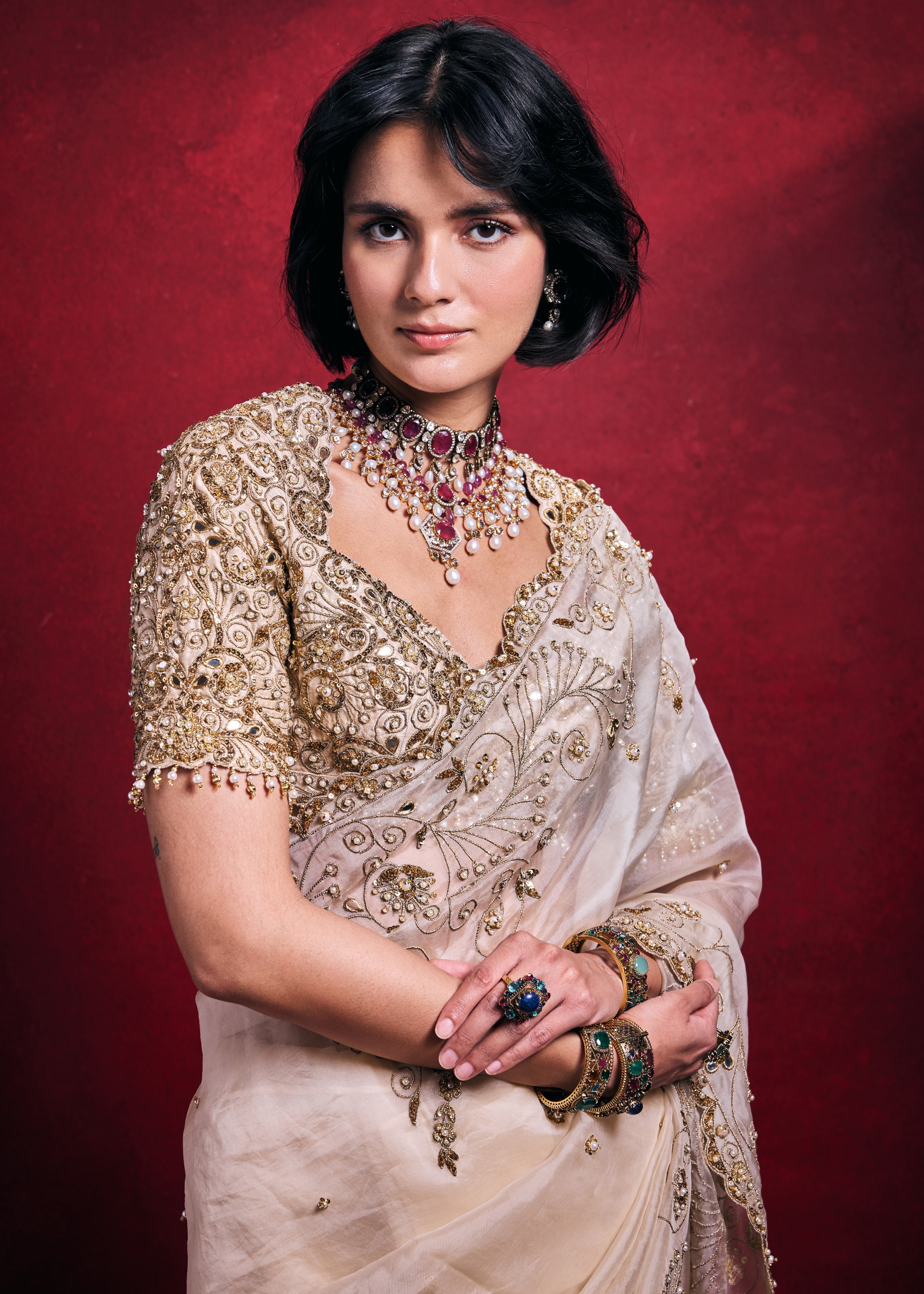 Cream Organza Sari Set