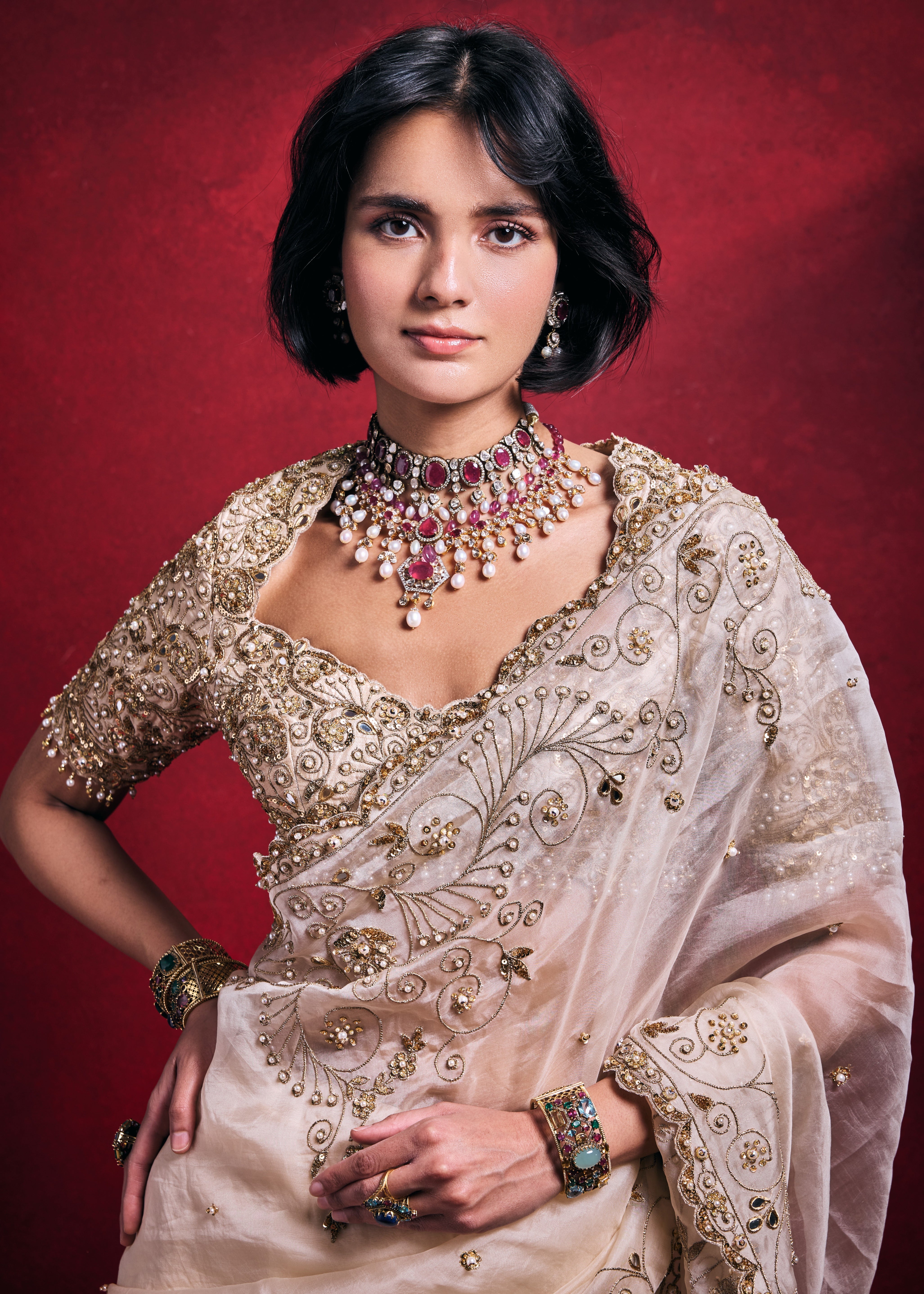 Cream Organza Sari Set