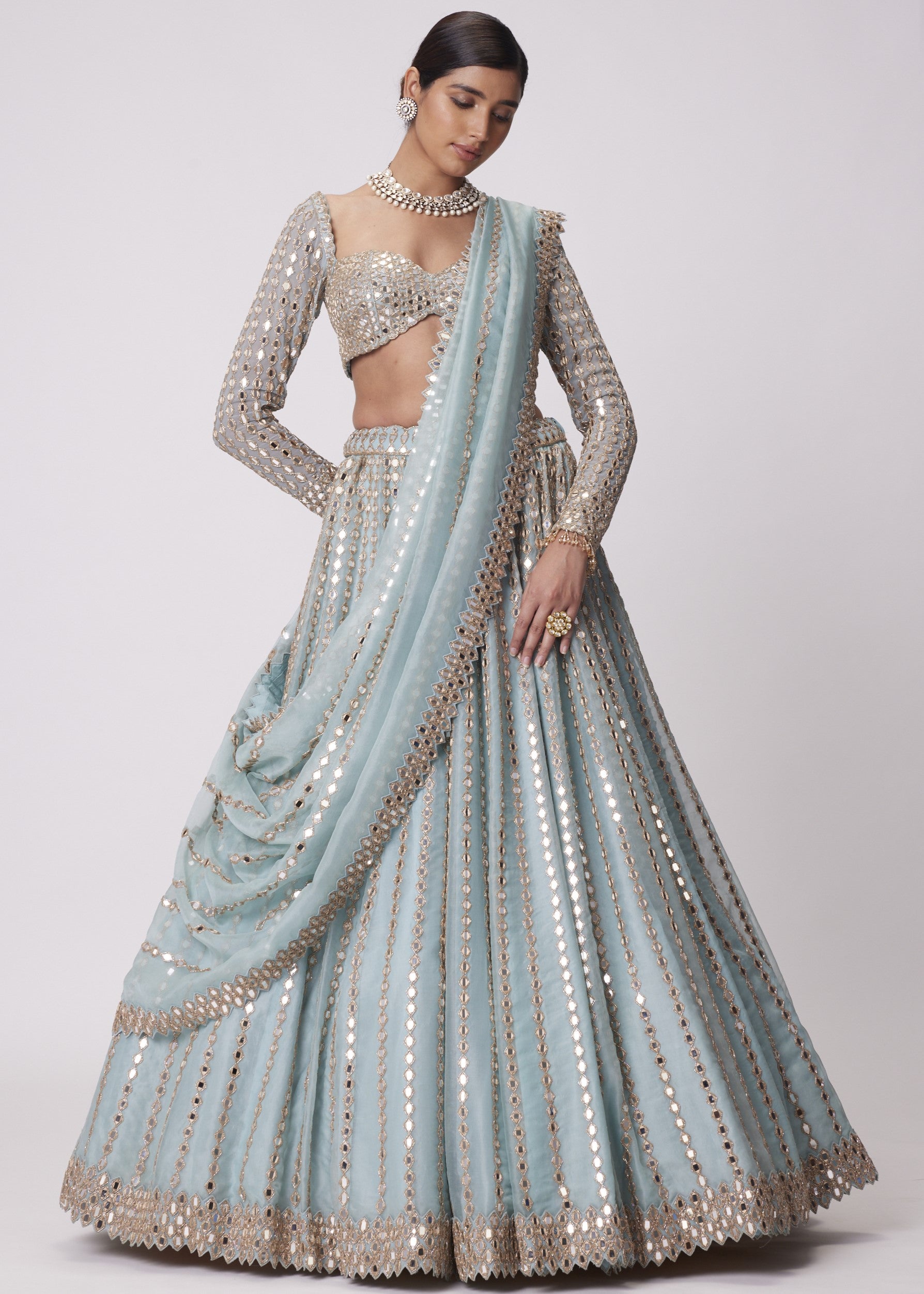 Powder Blue Linear Embroidered Lehenga Set