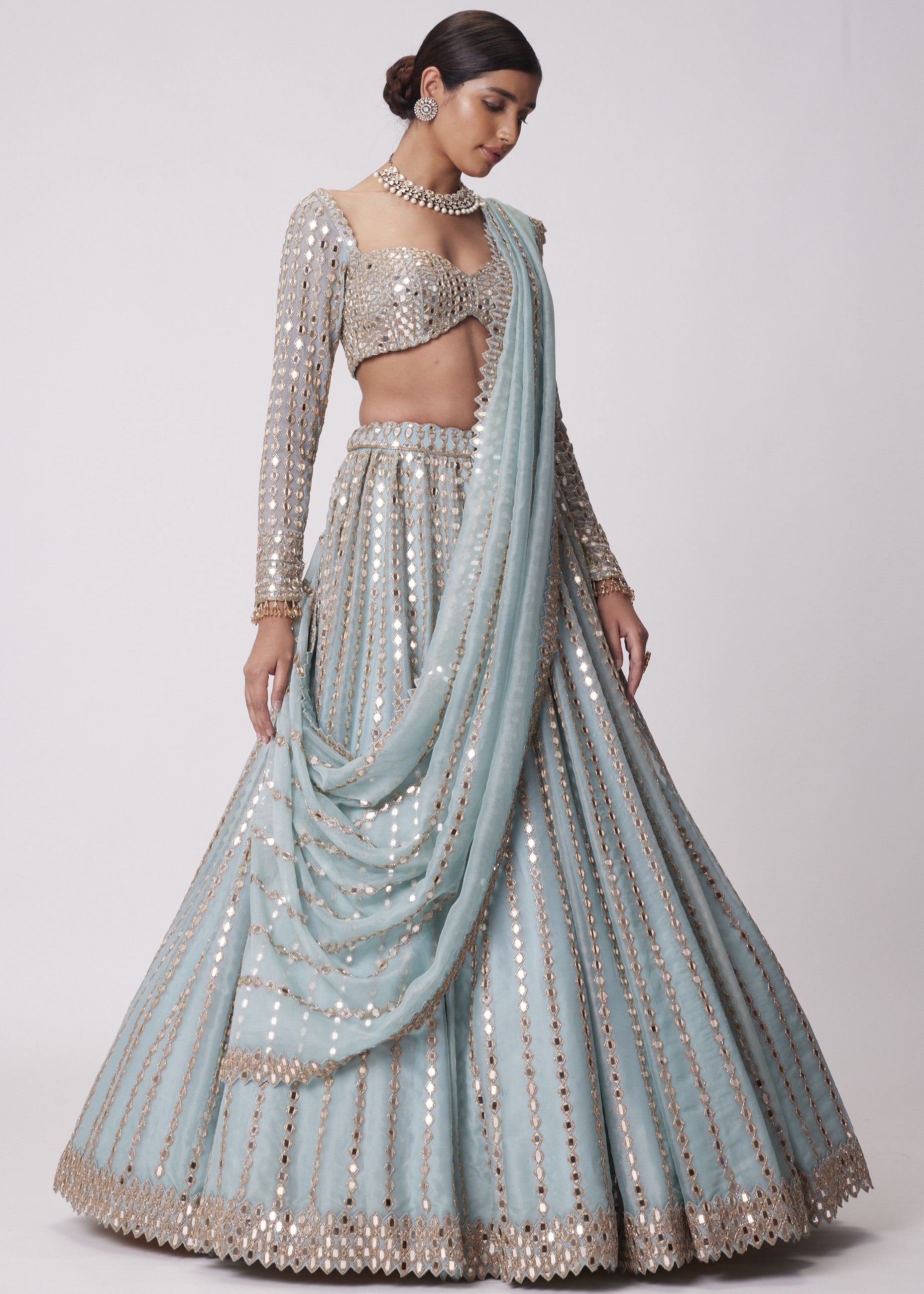 Powder Blue Linear Embroidered Lehenga Set