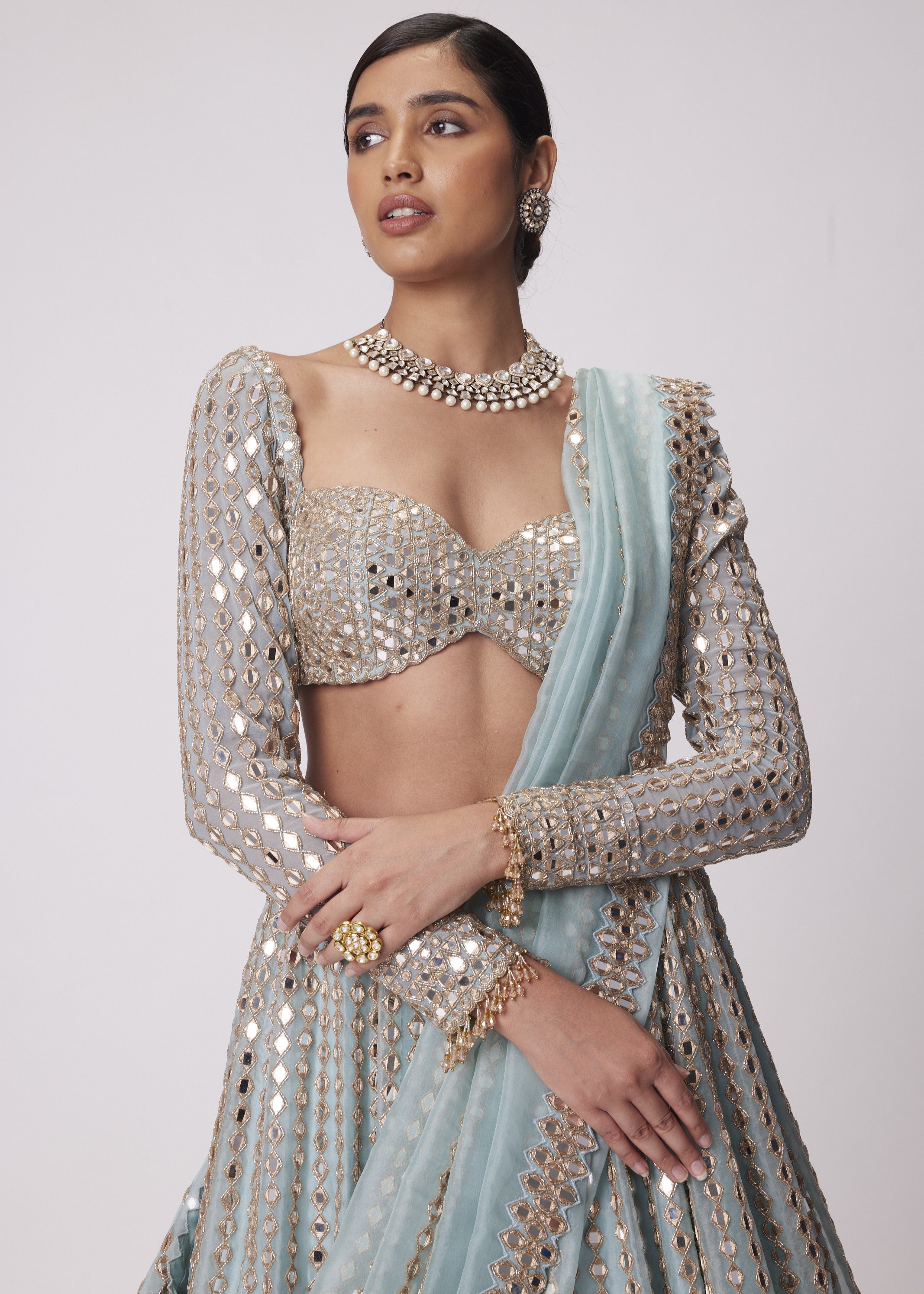 Powder Blue Linear Embroidered Lehenga Set