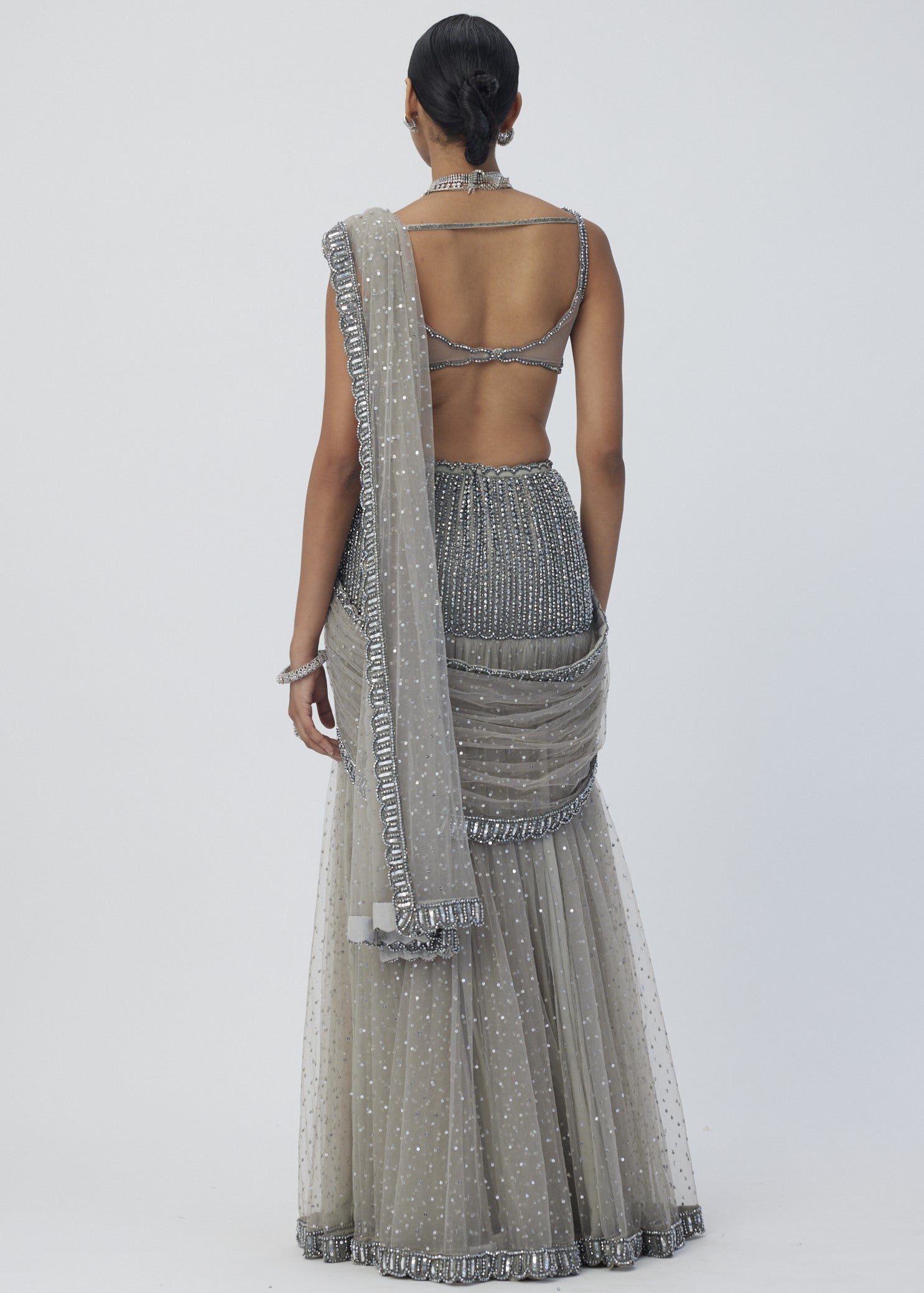 Crystal Grey Sequin Scattered Pre Draped Sari Set