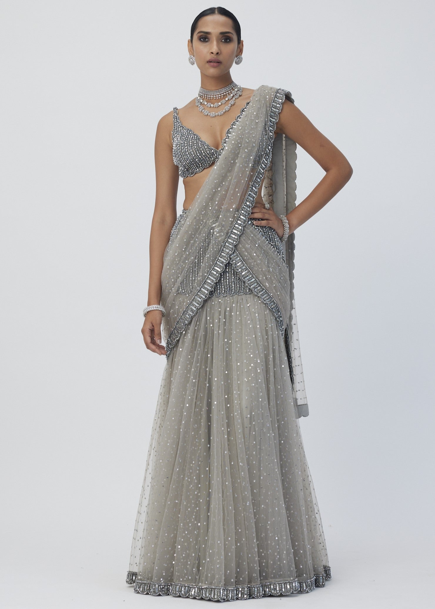 Crystal Grey Sequin Scattered Pre Draped Sari Set