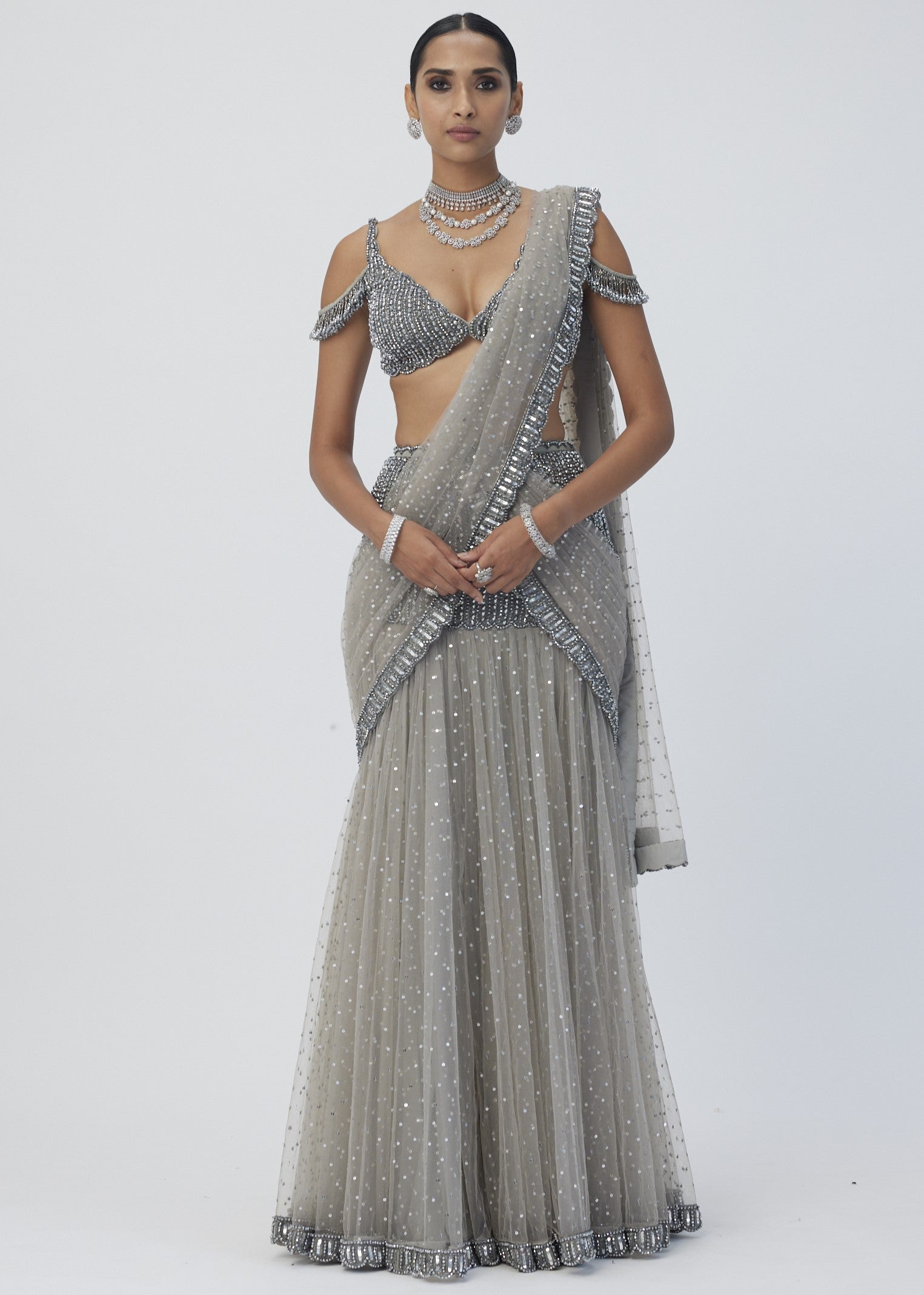 Crystal Grey Sequin Scattered Pre Draped Sari Set
