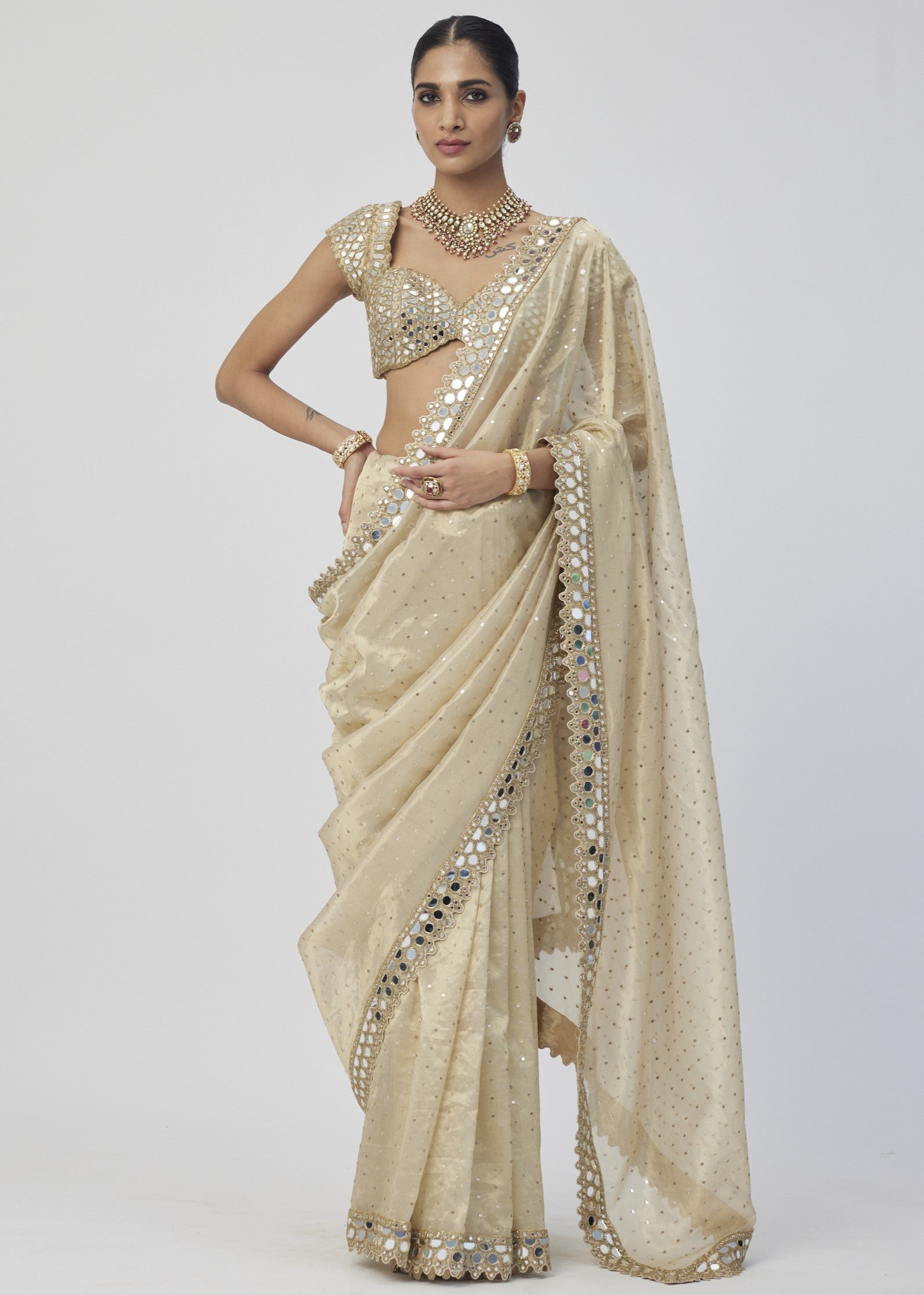 Golden Shimmer Organza Sari Set